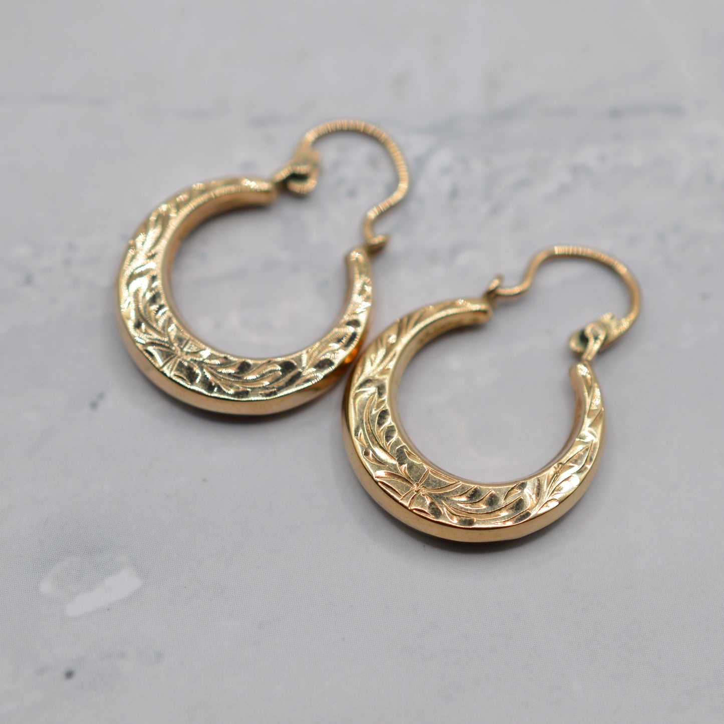 1970s Vintage 9ct Gold Engraved Hoop Earrings