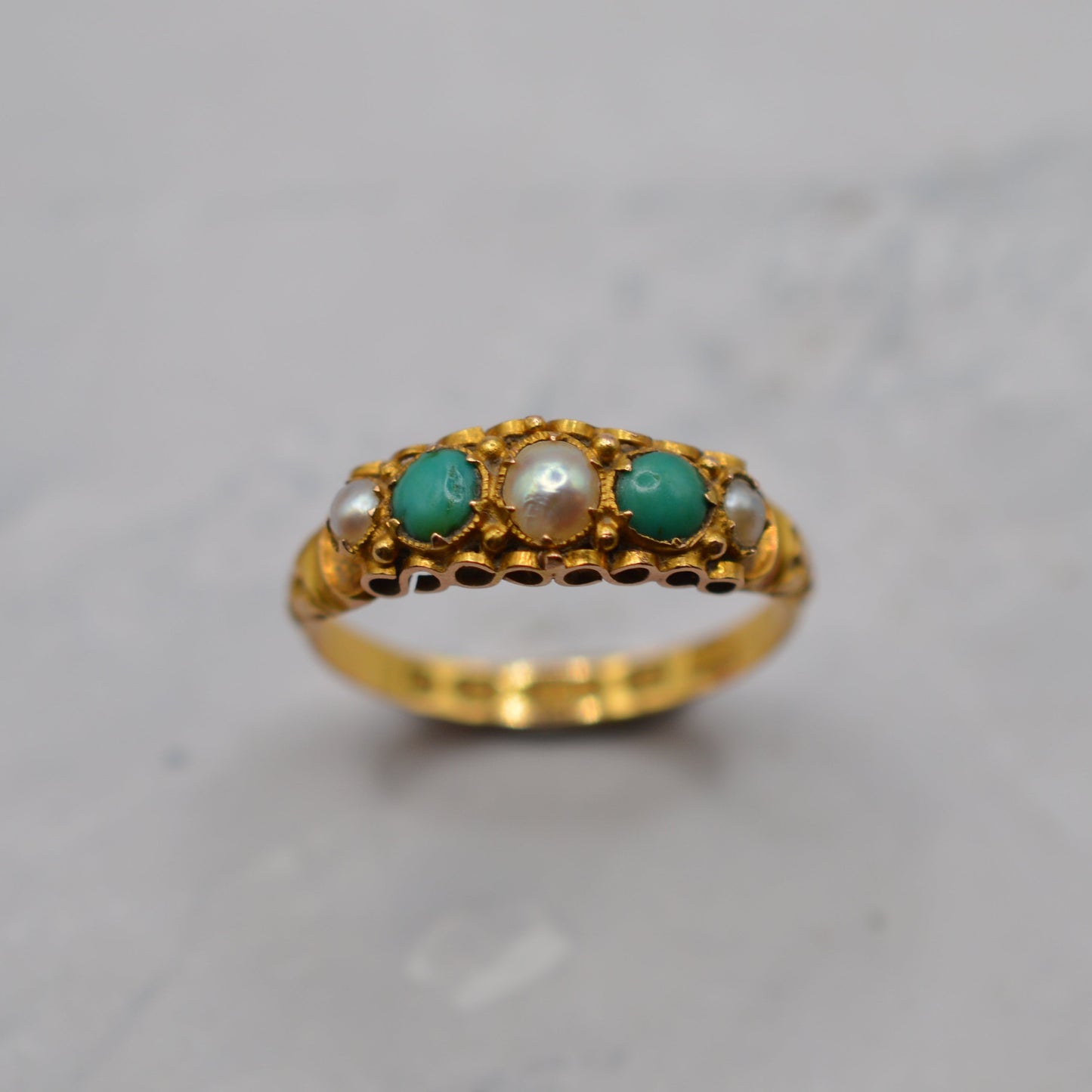 Antique Victorian 1864 15ct Gold Turquoise & Pearl Five-Stone Ring