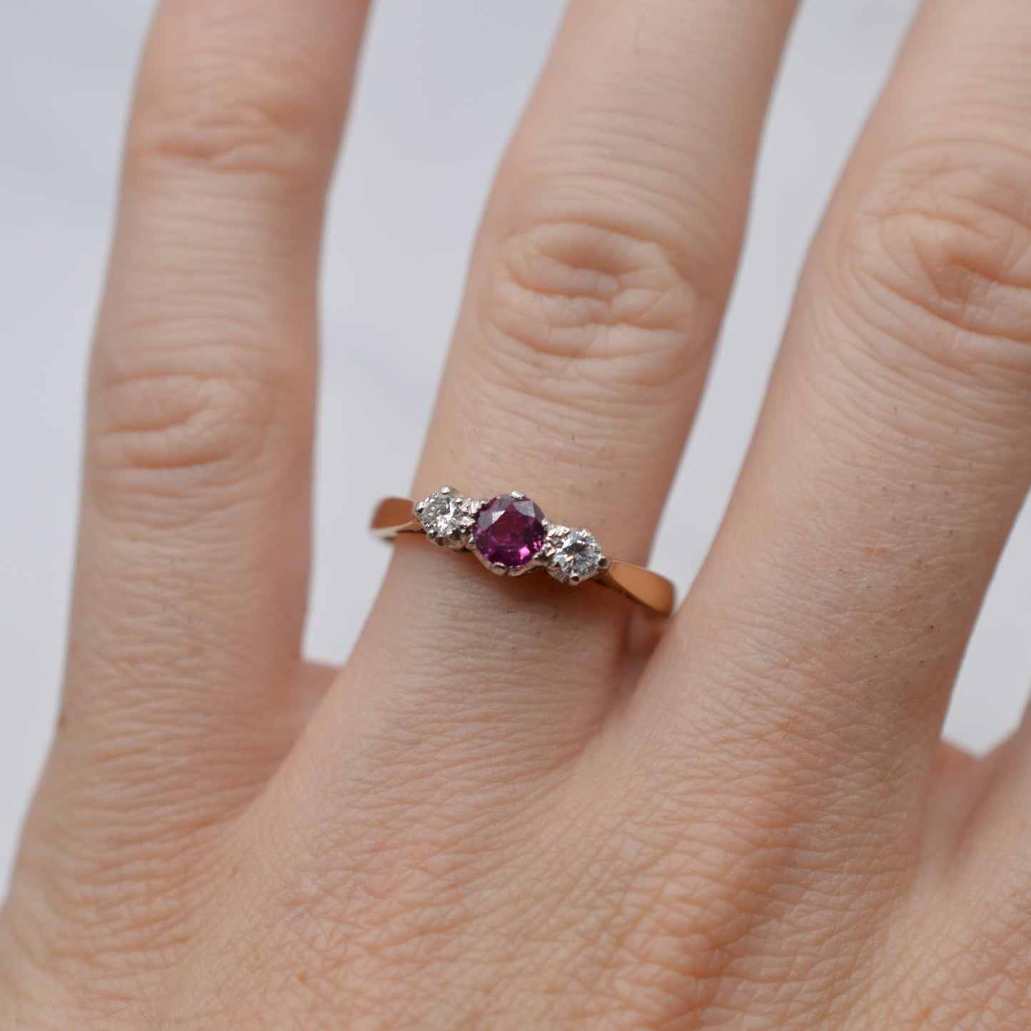 1970s 18ct Gold Pink Sapphire & Diamond Trilogy Ring