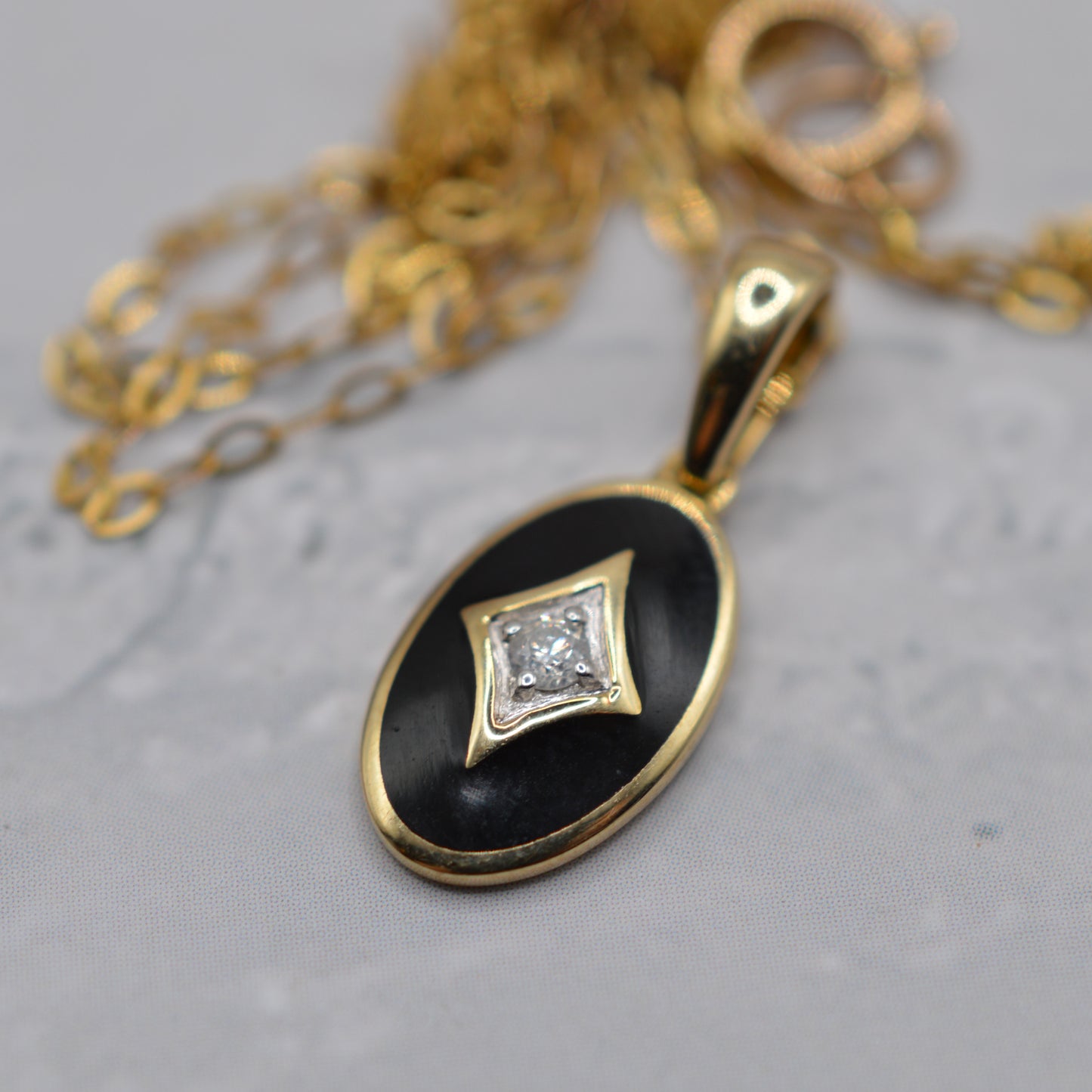 9ct Gold Black Enamel & Diamond Pendant Necklace (16”)