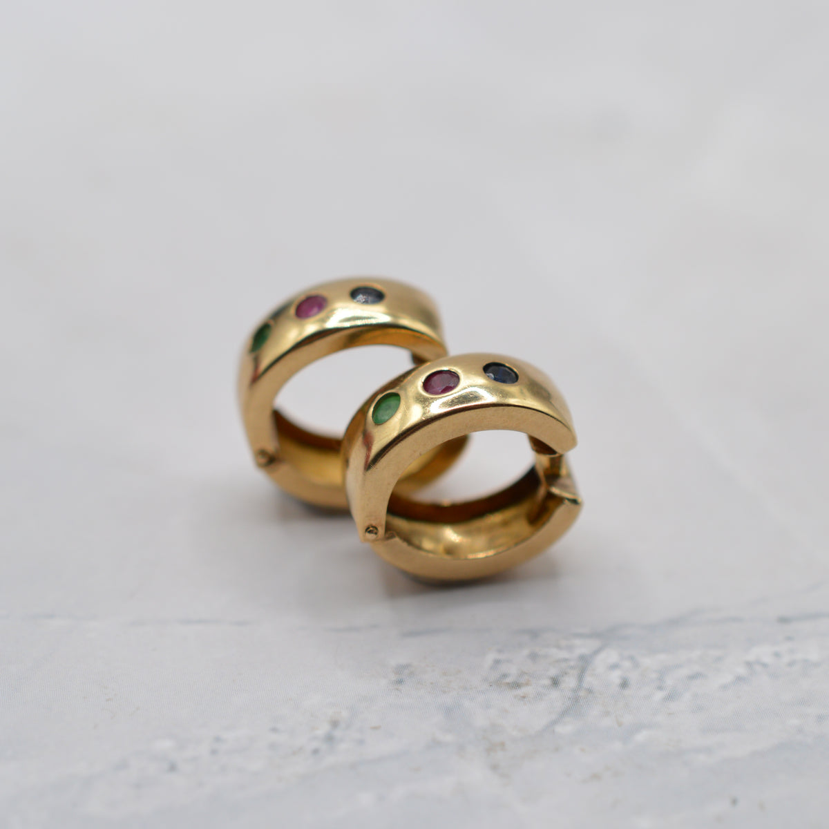 9ct Gold Emerald, Sapphire & Ruby Wide Hoop Earrings