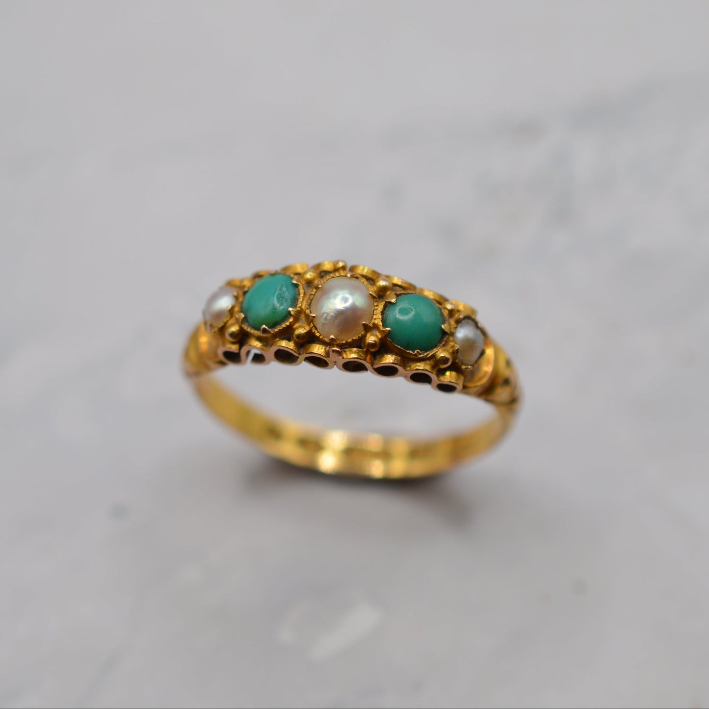 Antique Victorian 1864 15ct Gold Turquoise & Pearl Five-Stone Ring