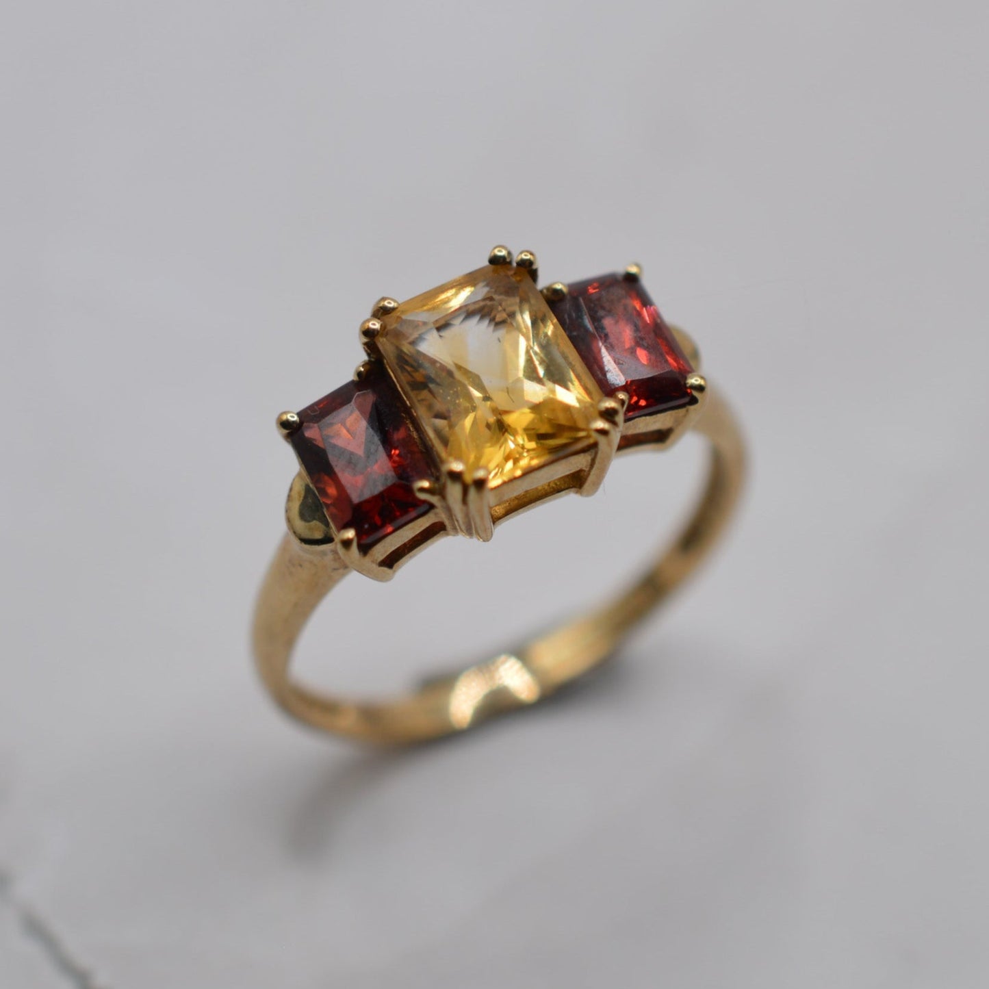 1990s 9ct Gold Citrine & Garnet Trilogy Ring