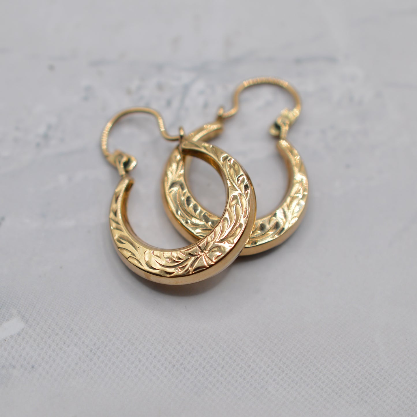 1970s Vintage 9ct Gold Engraved Hoop Earrings