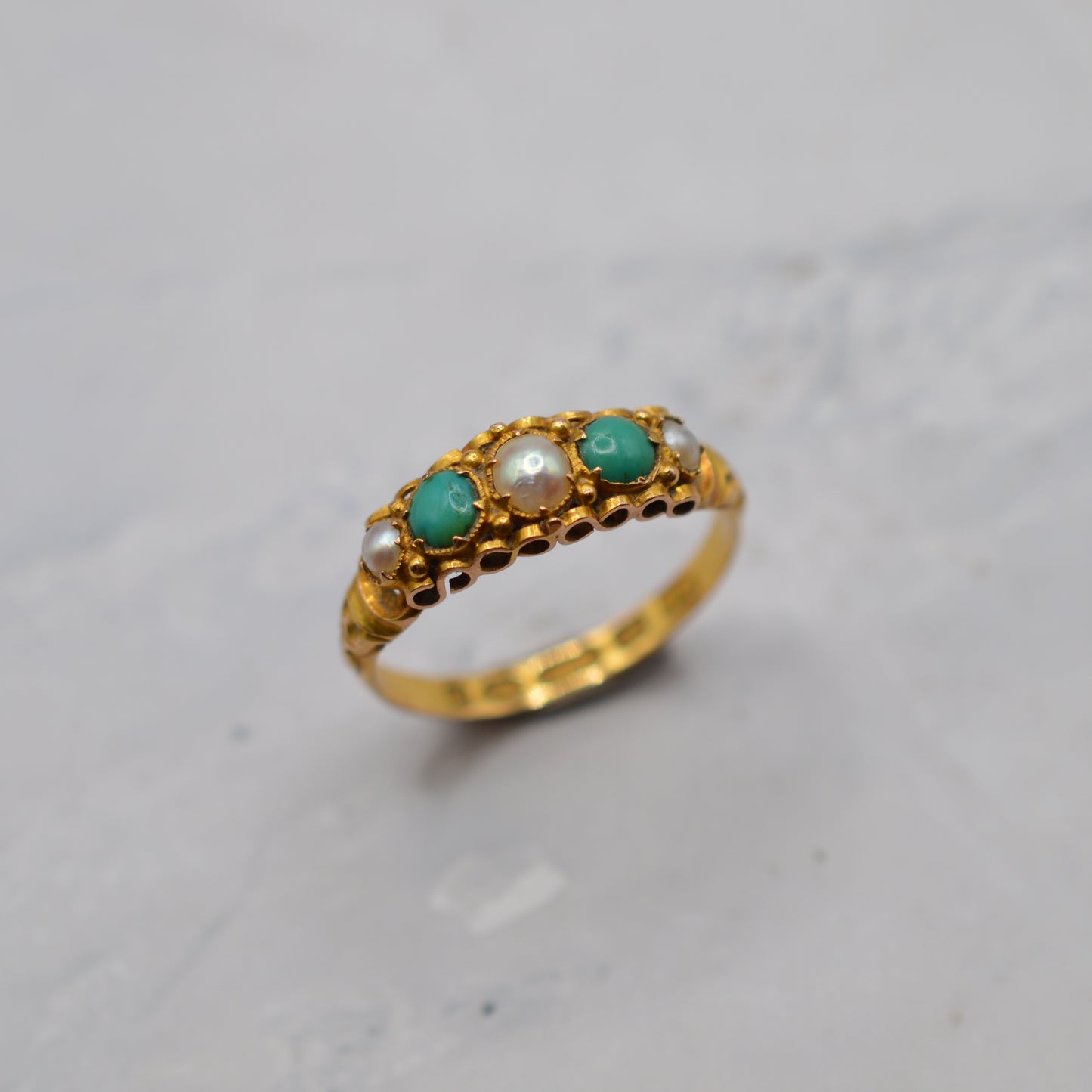Antique Victorian 1864 15ct Gold Turquoise & Pearl Five-Stone Ring