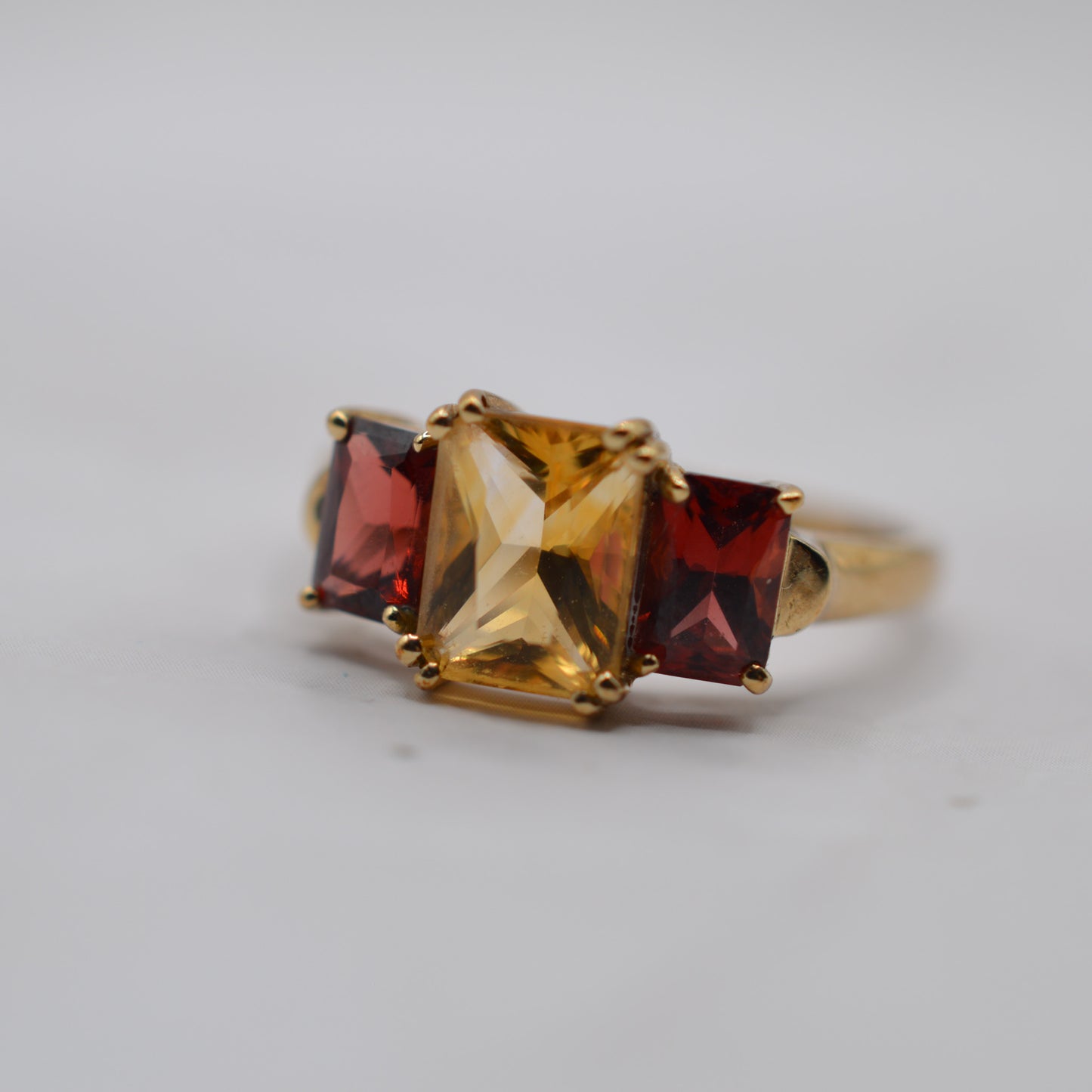 1990s 9ct Gold Citrine & Garnet Trilogy Ring
