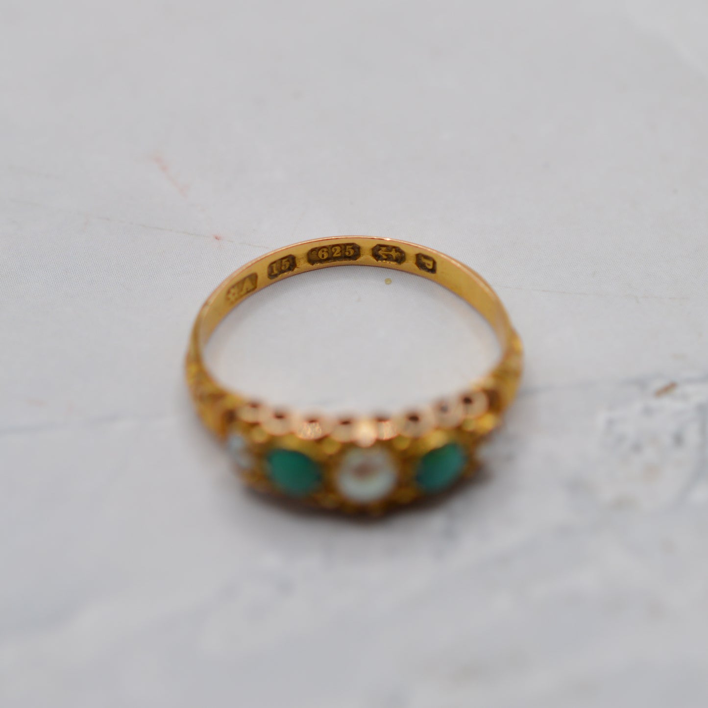 Antique Victorian 1864 15ct Gold Turquoise & Pearl Five-Stone Ring