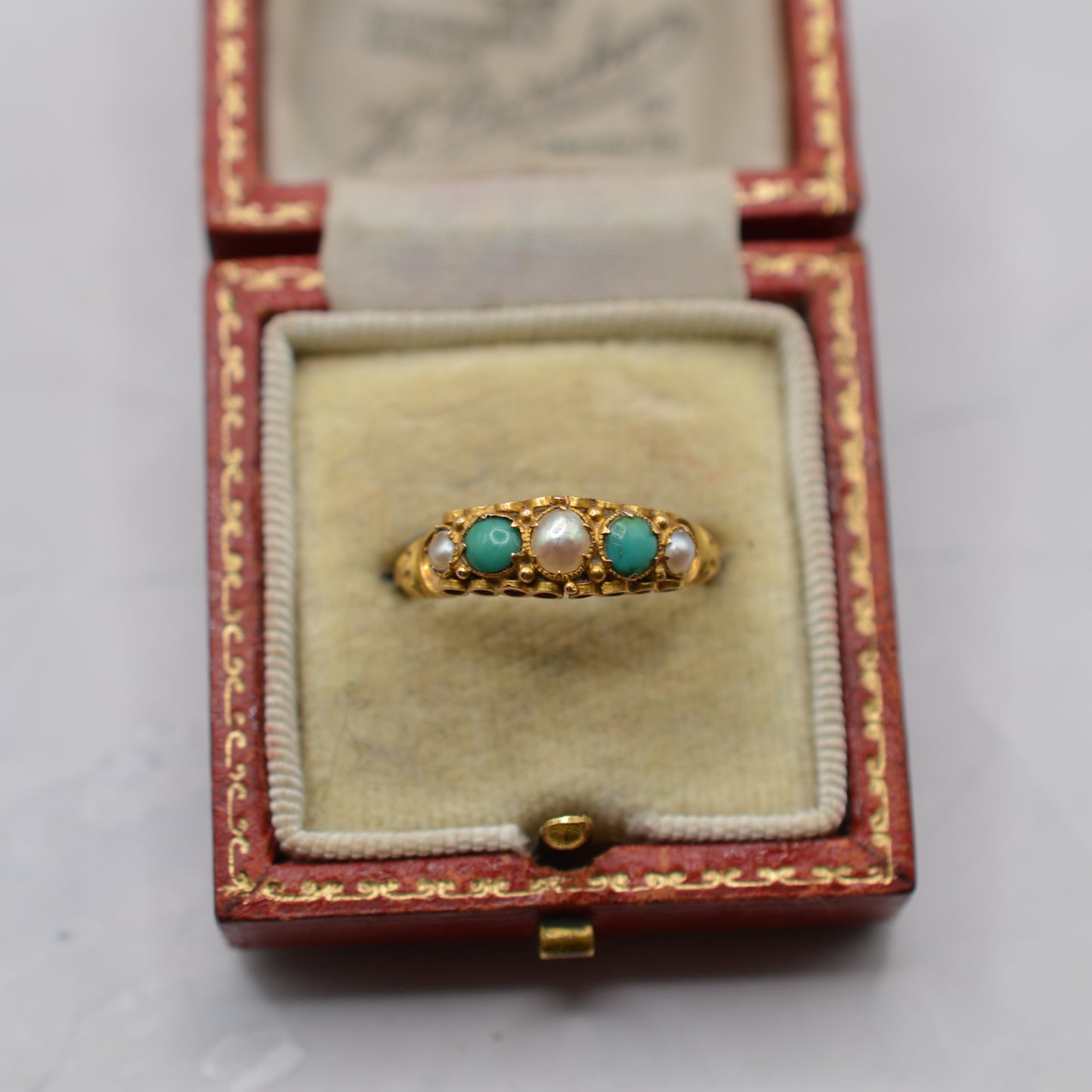 Antique Victorian 1864 15ct Gold Turquoise & Pearl Five-Stone Ring