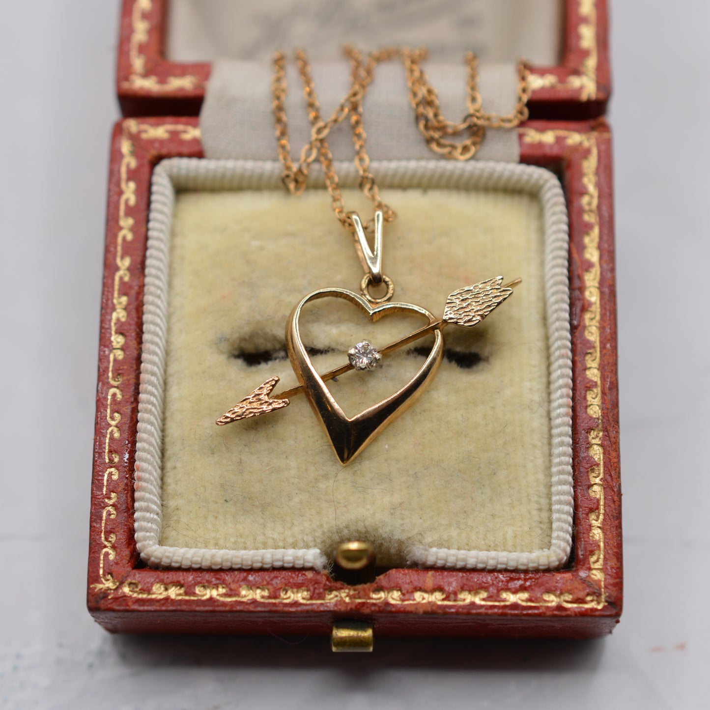 1970s Vintage 9ct Gold Diamond Heart & Arrow Pendant Necklace (18" Chain)
