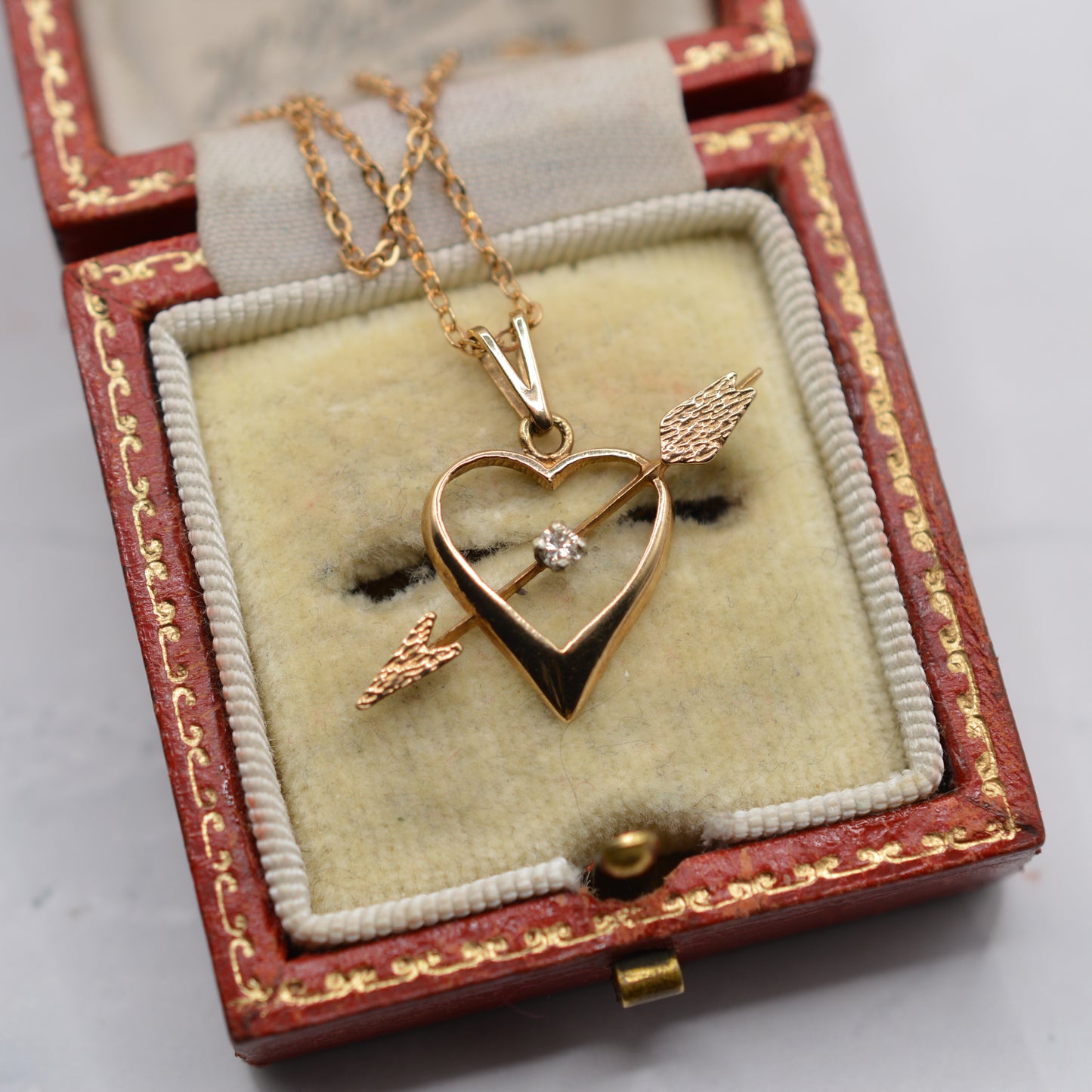 1970s Vintage 9ct Gold Diamond Heart & Arrow Pendant Necklace (18" Chain)