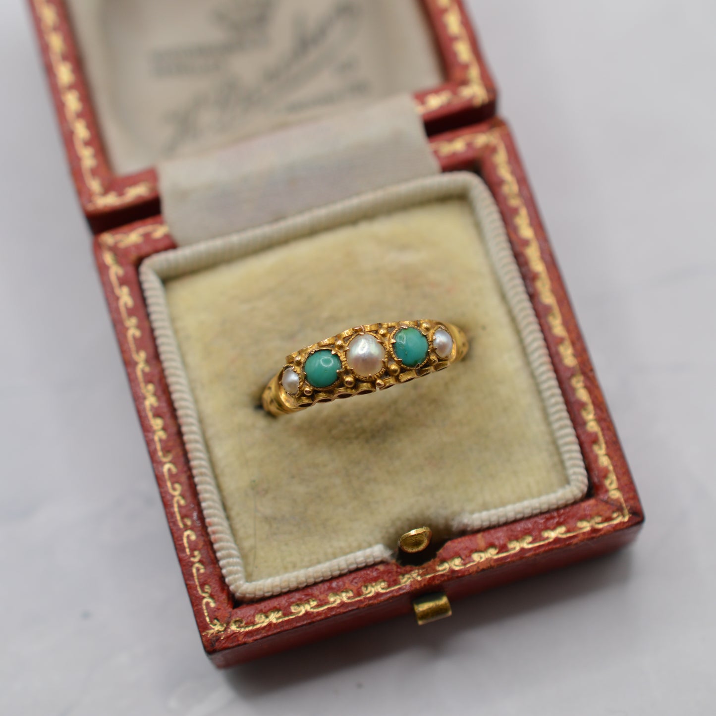 Antique Victorian 1864 15ct Gold Turquoise & Pearl Five-Stone Ring