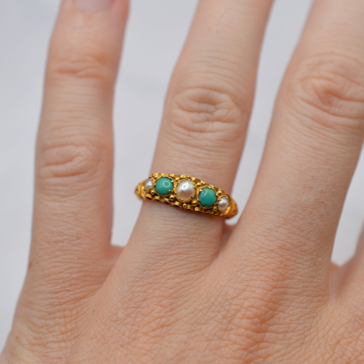 Antique Victorian 1864 15ct Gold Turquoise & Pearl Five-Stone Ring