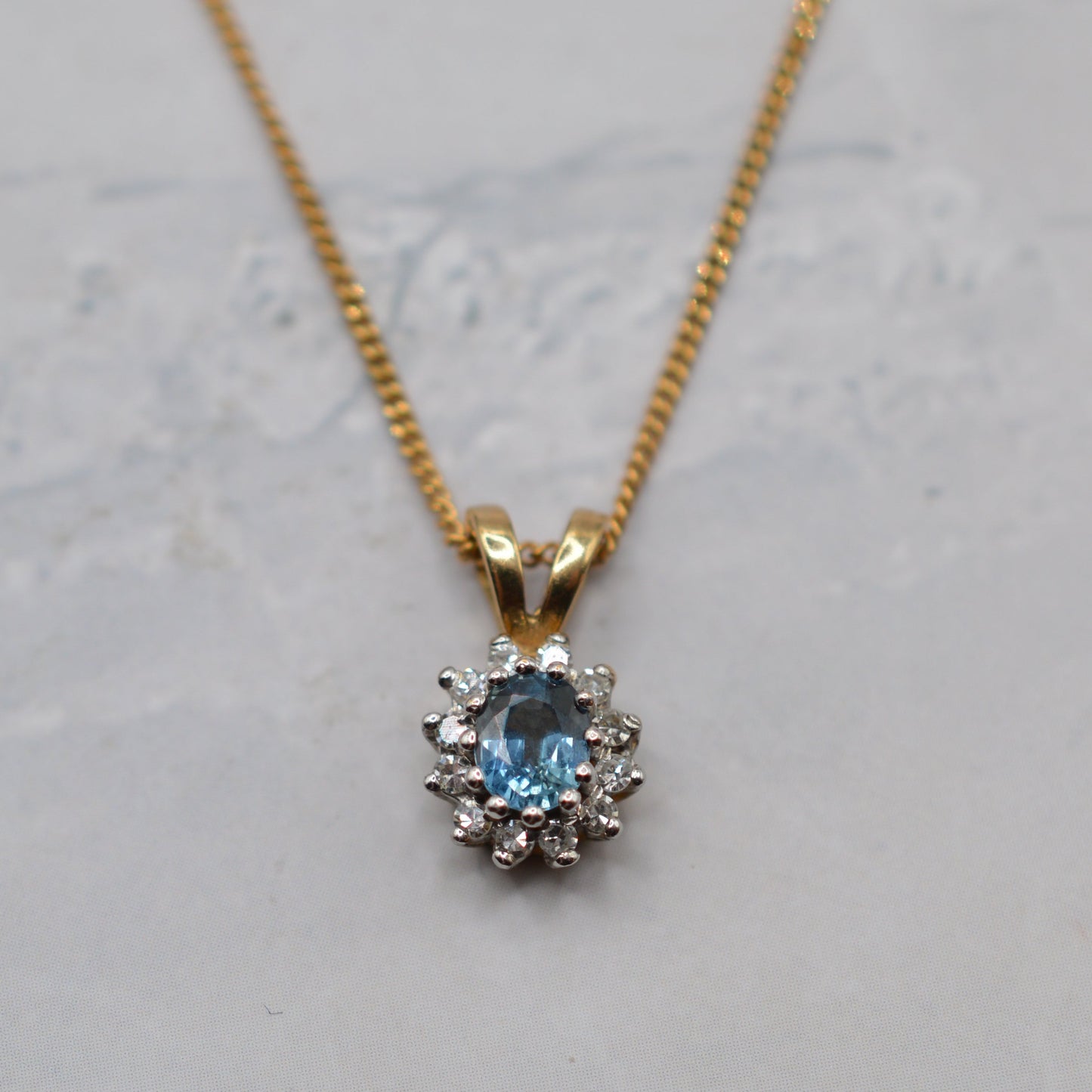 1990s 9ct Gold Sapphire & Diamond Cluster Pendant Necklace (16”)
