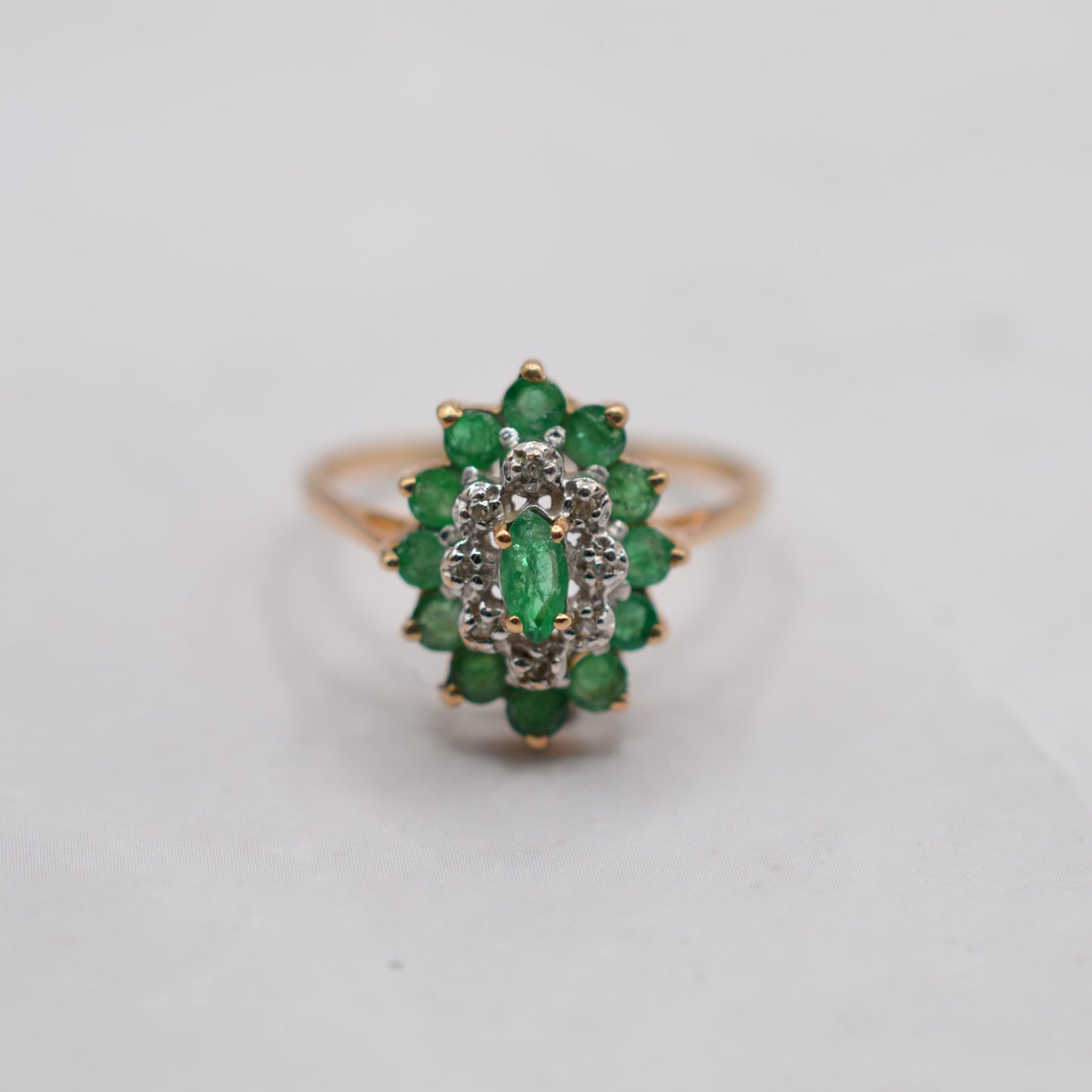 1980s 9ct Gold Emerald & Diamond Marquise Cluster Ring