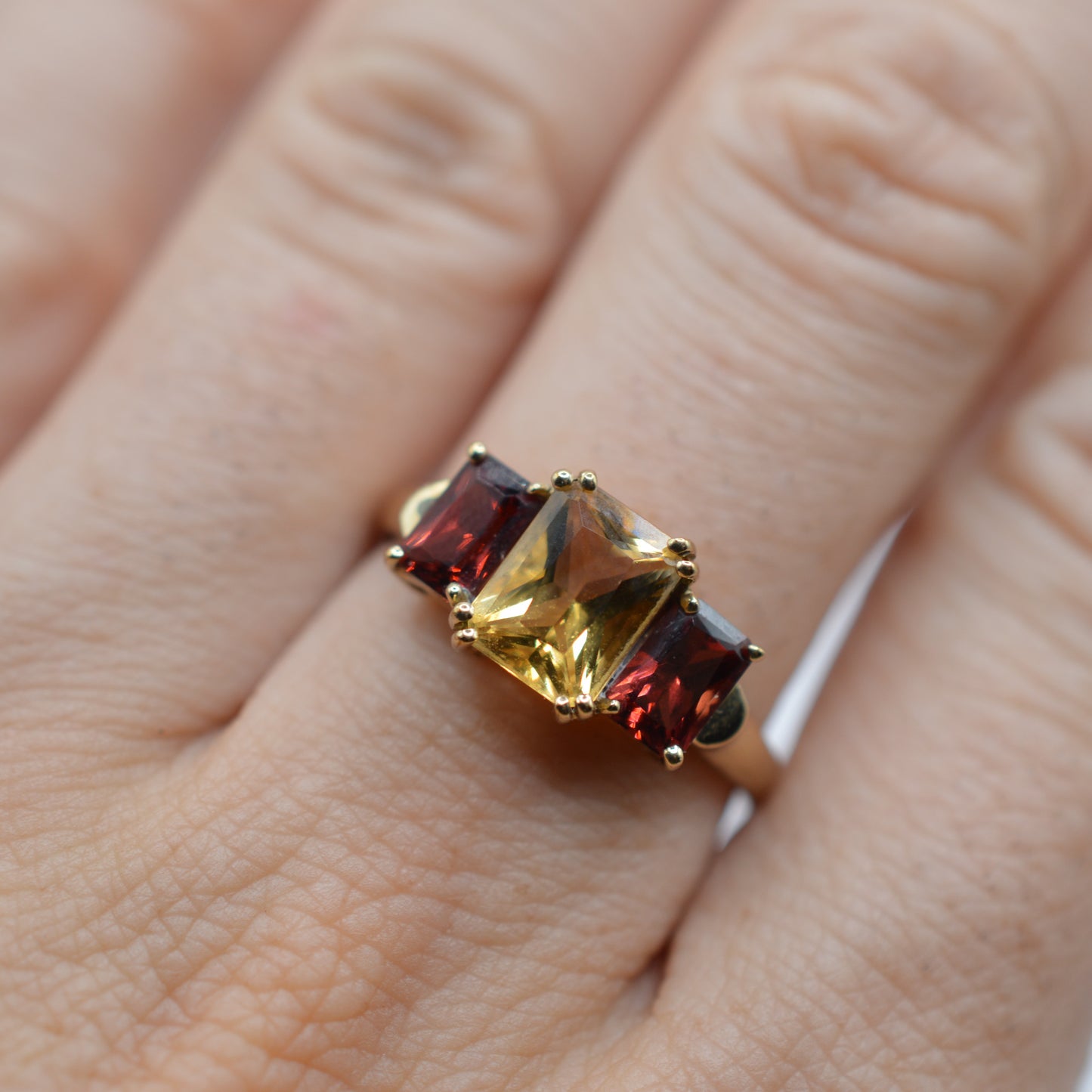 1990s 9ct Gold Citrine & Garnet Trilogy Ring
