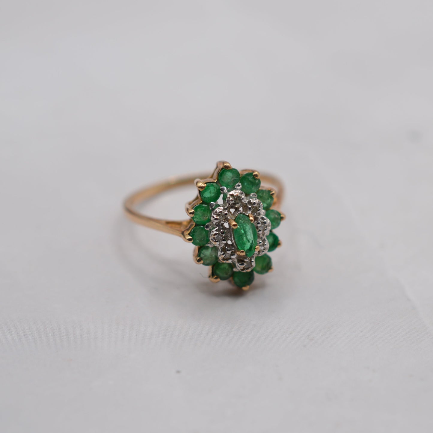 1980s 9ct Gold Emerald & Diamond Marquise Cluster Ring