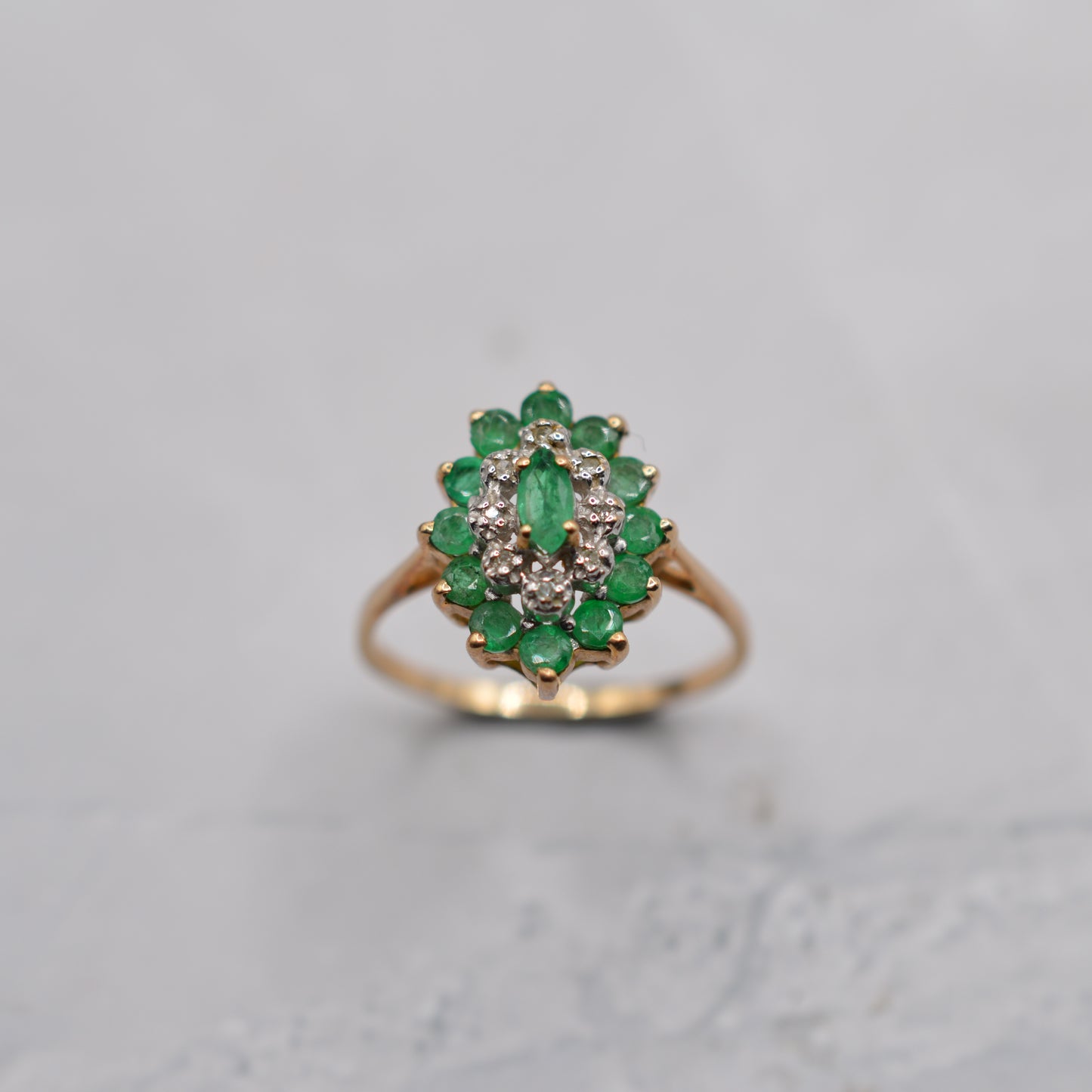 1980s 9ct Gold Emerald & Diamond Marquise Cluster Ring