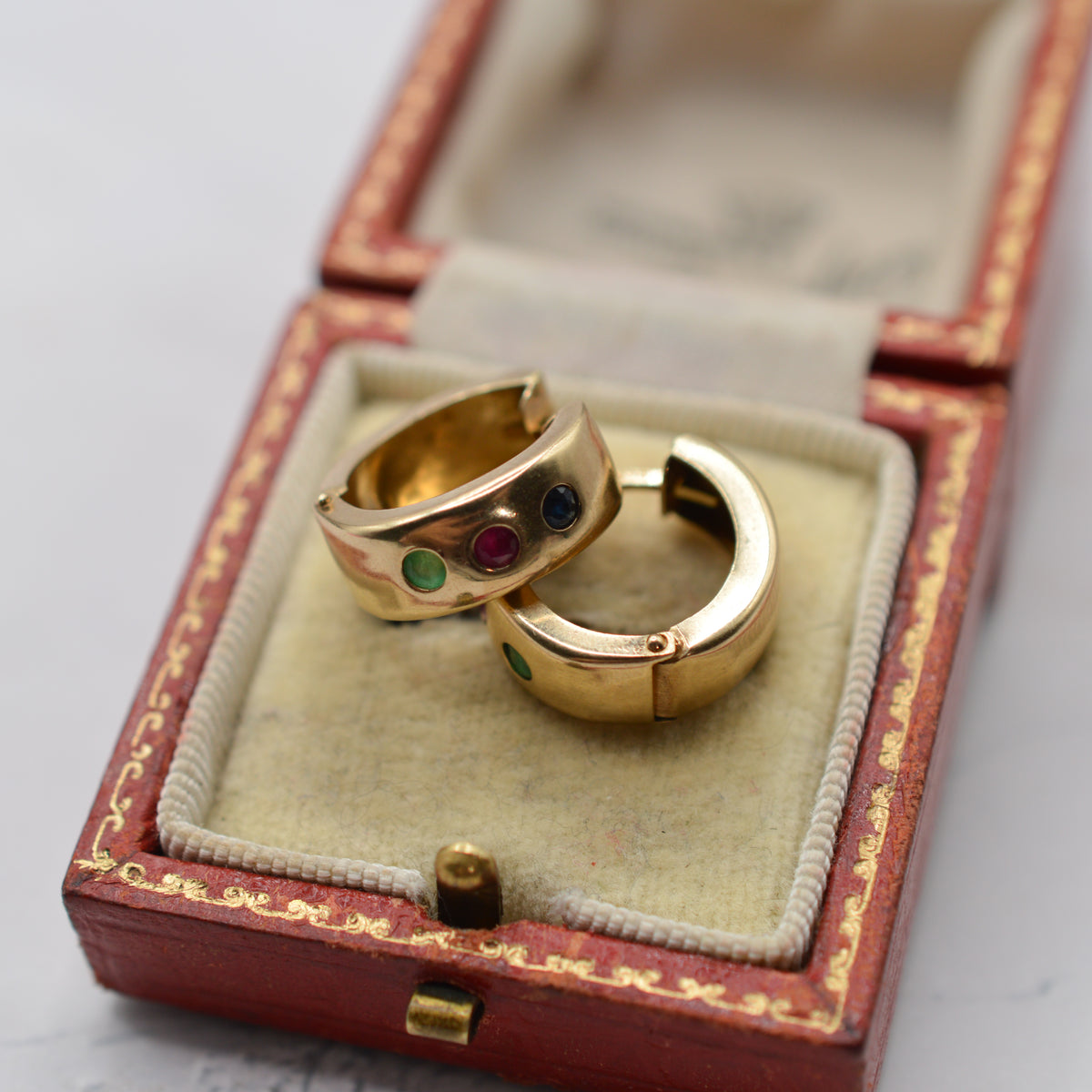 9ct Gold Emerald, Sapphire & Ruby Wide Hoop Earrings