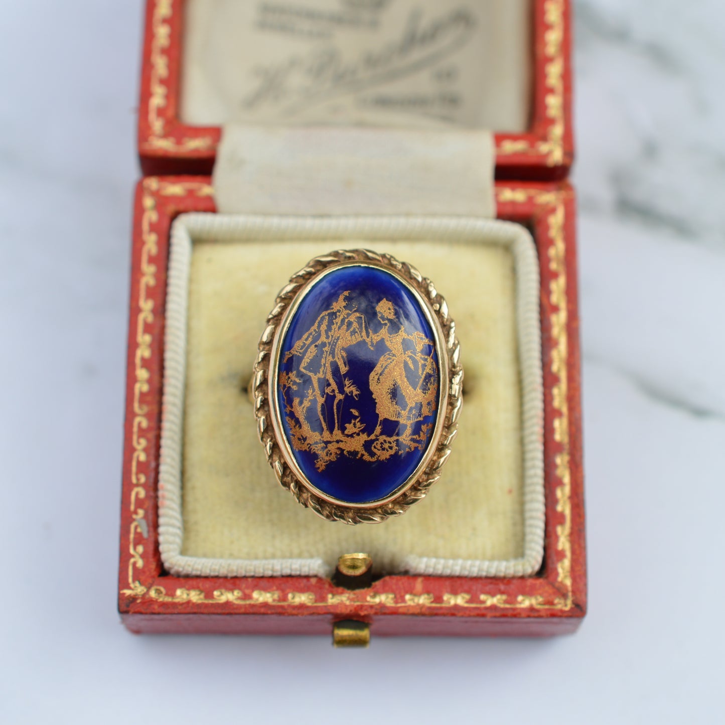 Rare 1970s Vintage 9ct Gold Porcelain Limoges Portrait Ring
