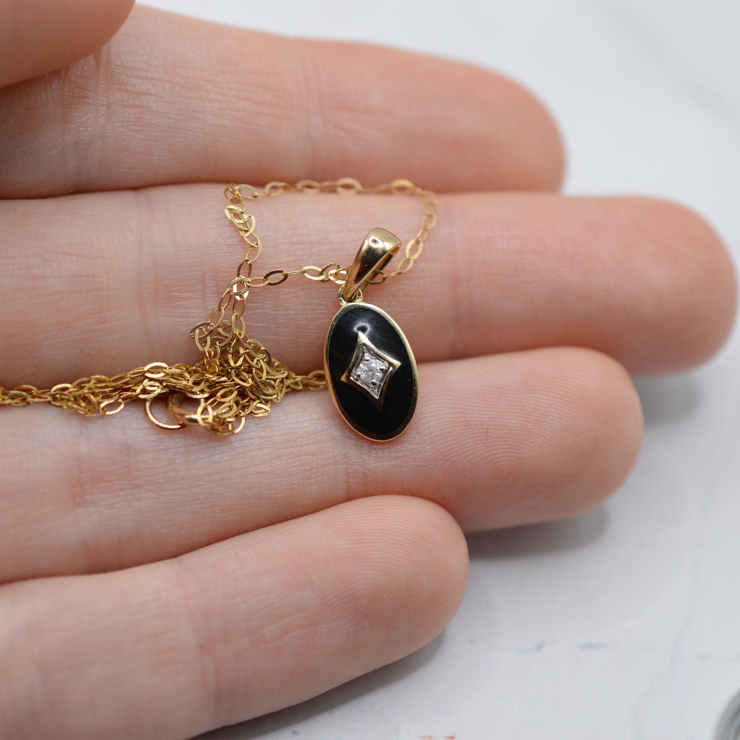 9ct Gold Black Enamel & Diamond Pendant Necklace (16”)