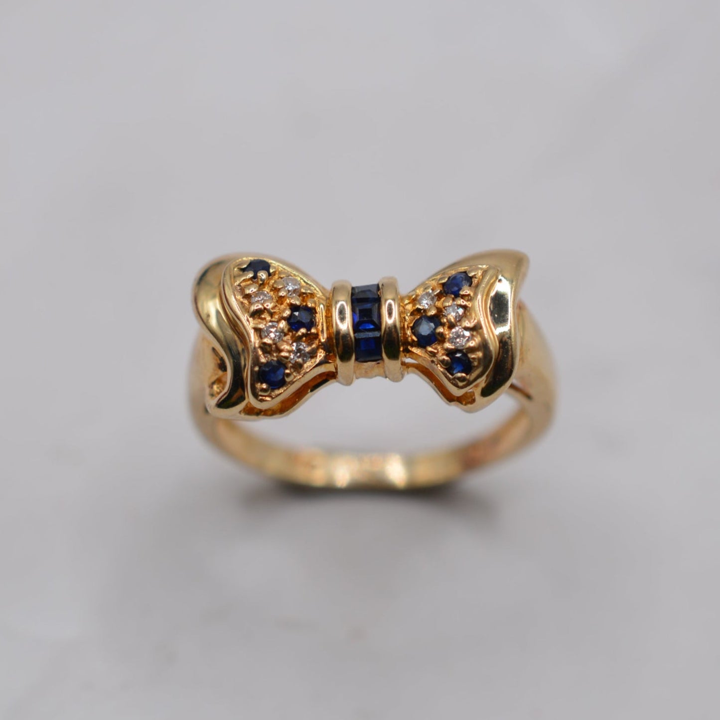 1990s Vintage 9ct Gold Sapphire & Diamond Bow Ring