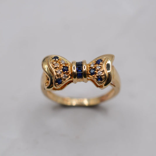 1990s Vintage 9ct Gold Sapphire & Diamond Bow Ring