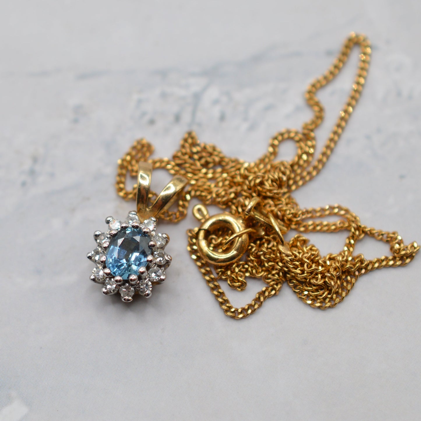 1990s 9ct Gold Sapphire & Diamond Cluster Pendant Necklace (16”)
