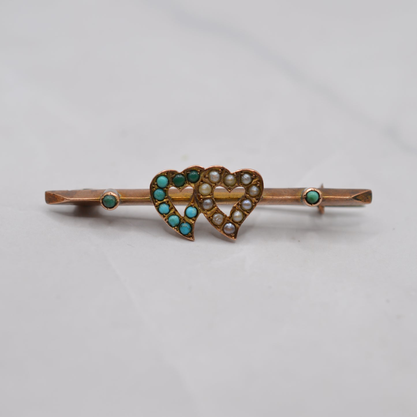 Antique 1897 Victorian 9ct Gold Heart Pearl & Turquoise Brooch