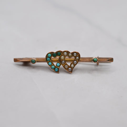 Antique 1897 Victorian 9ct Gold Heart Pearl & Turquoise Brooch