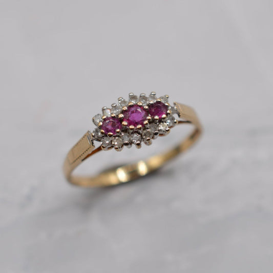 1990s 9ct Gold Ruby & Diamond Triple Halo Ring