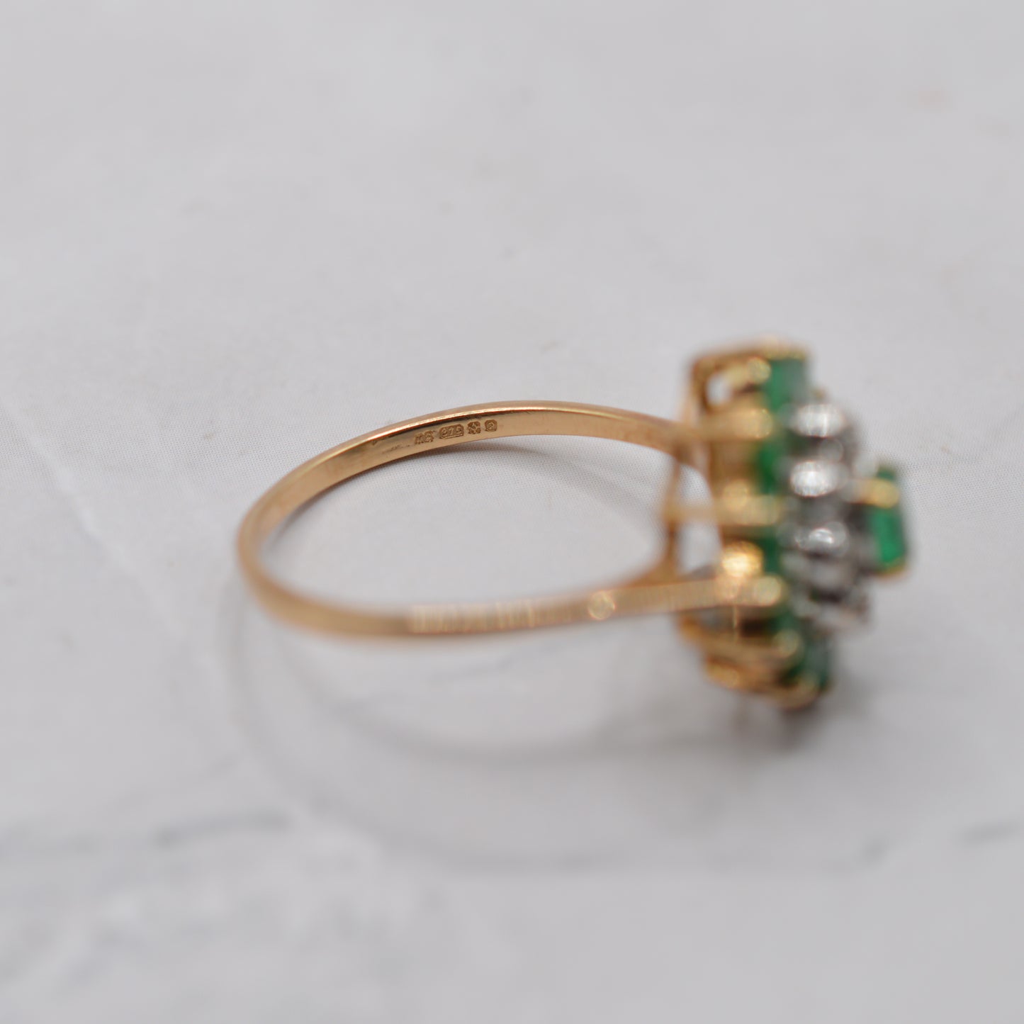 1980s 9ct Gold Emerald & Diamond Marquise Cluster Ring