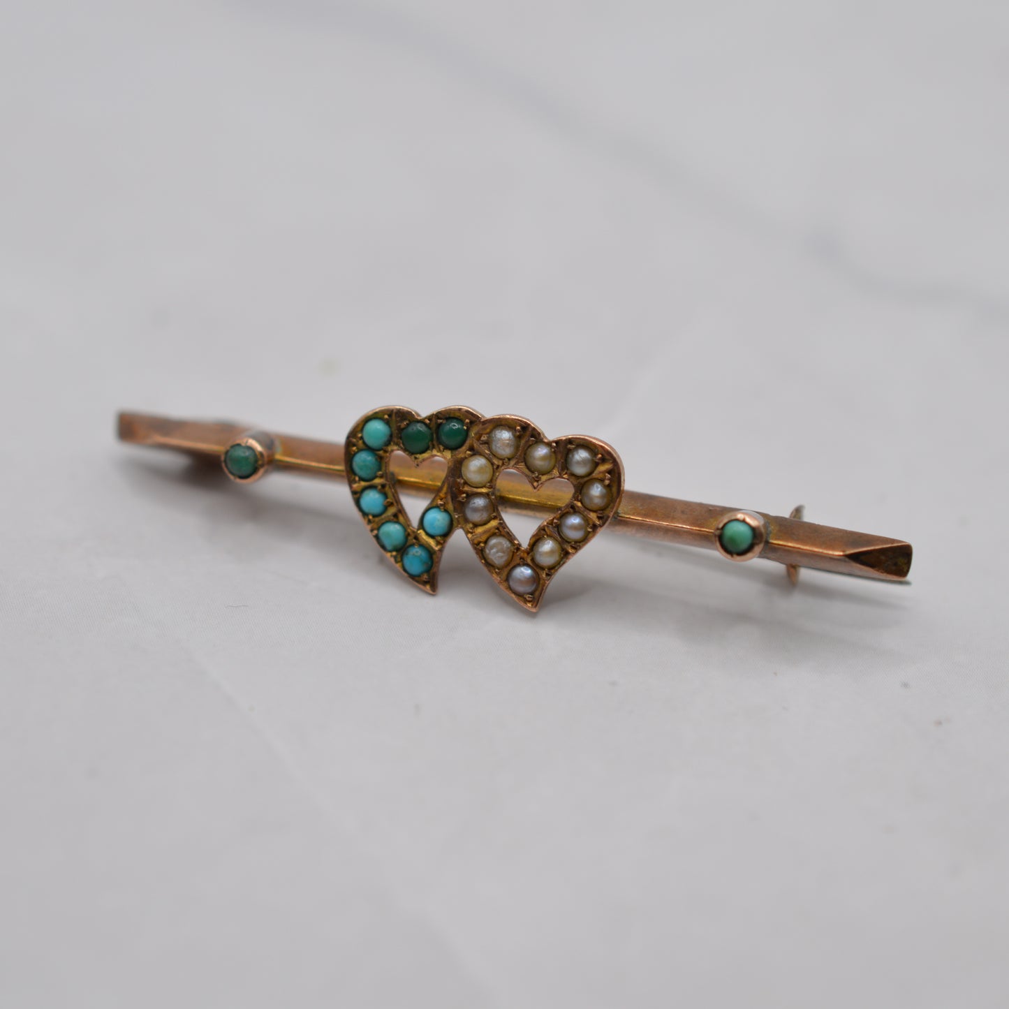 Antique 1897 Victorian 9ct Gold Heart Pearl & Turquoise Brooch