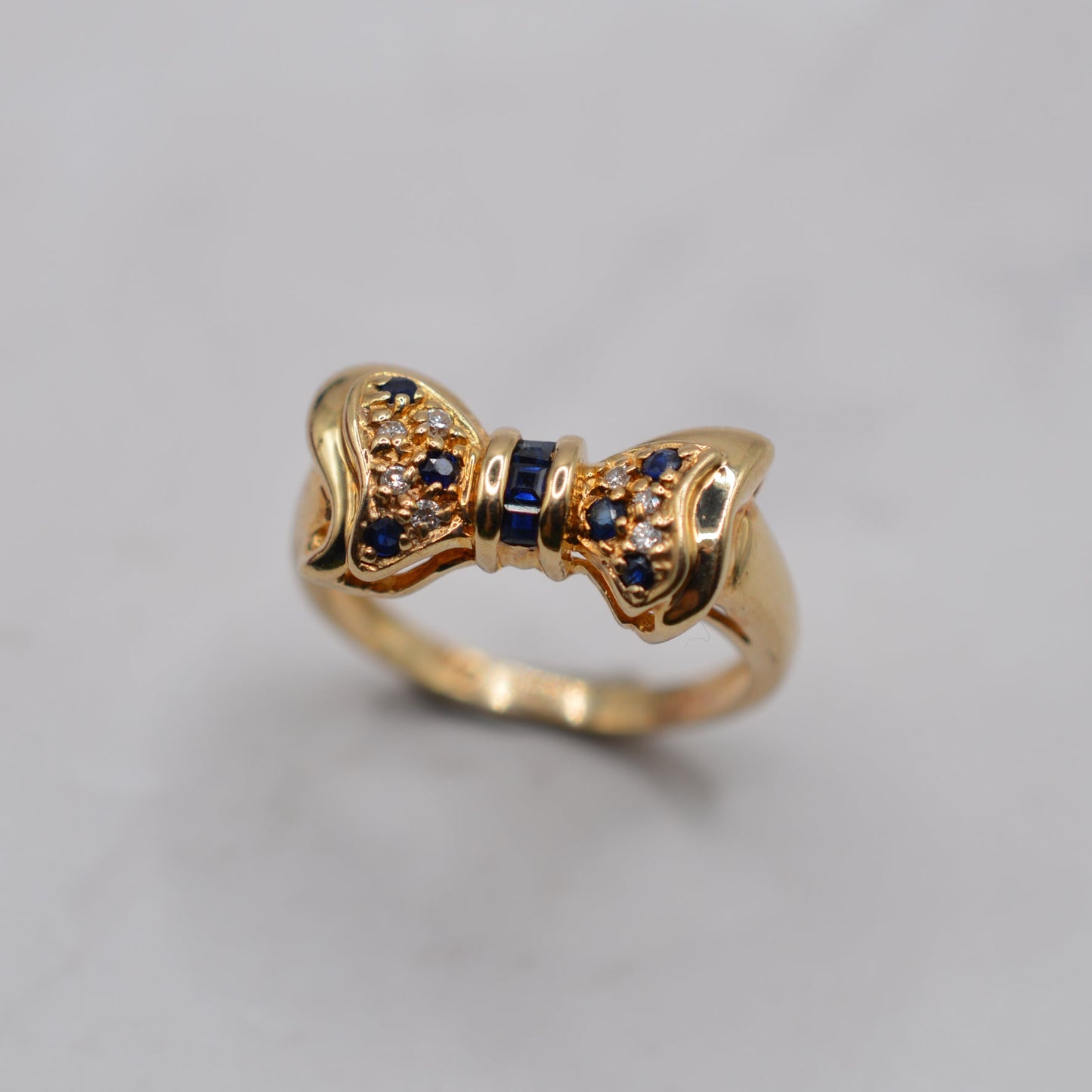 1990s Vintage 9ct Gold Sapphire & Diamond Bow Ring