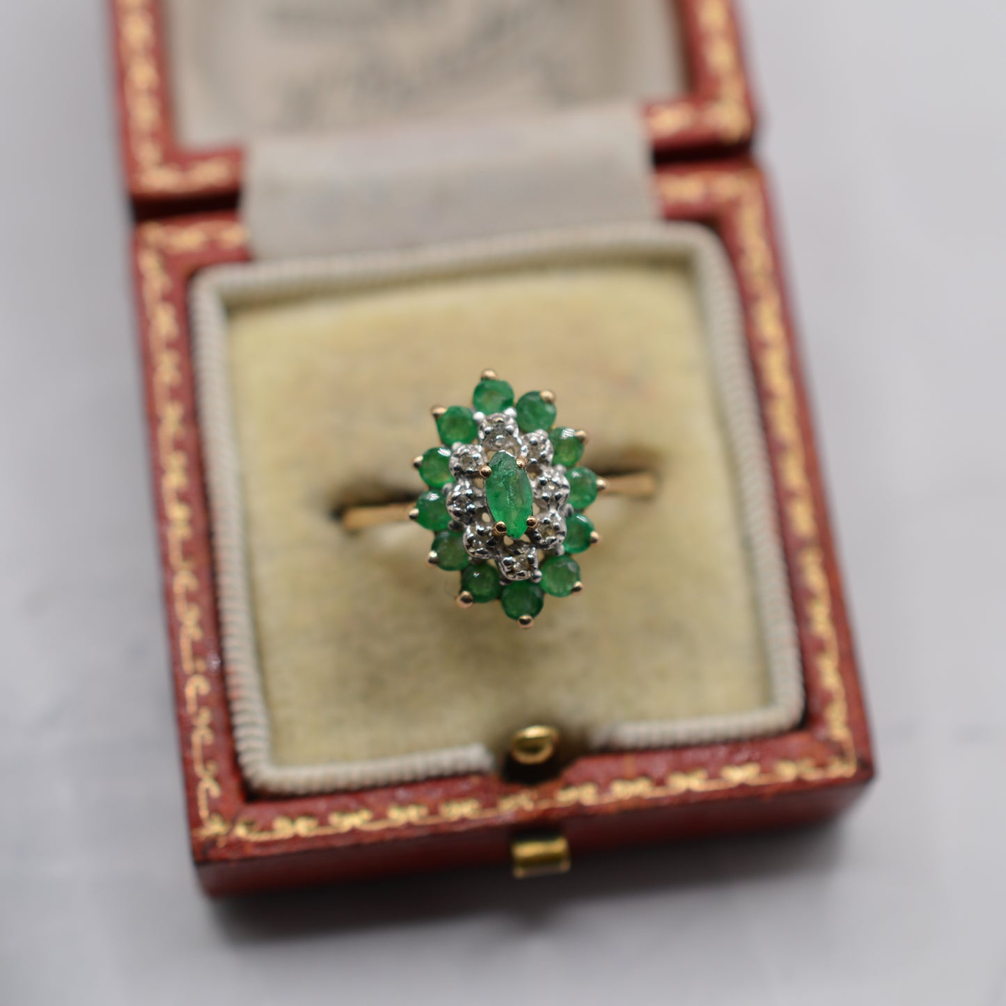 1980s 9ct Gold Emerald & Diamond Marquise Cluster Ring