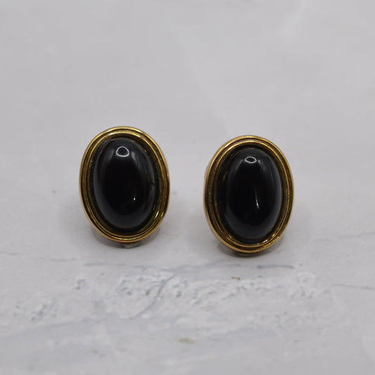 Large 1980s 9ct Gold Onyx Stud Earrings