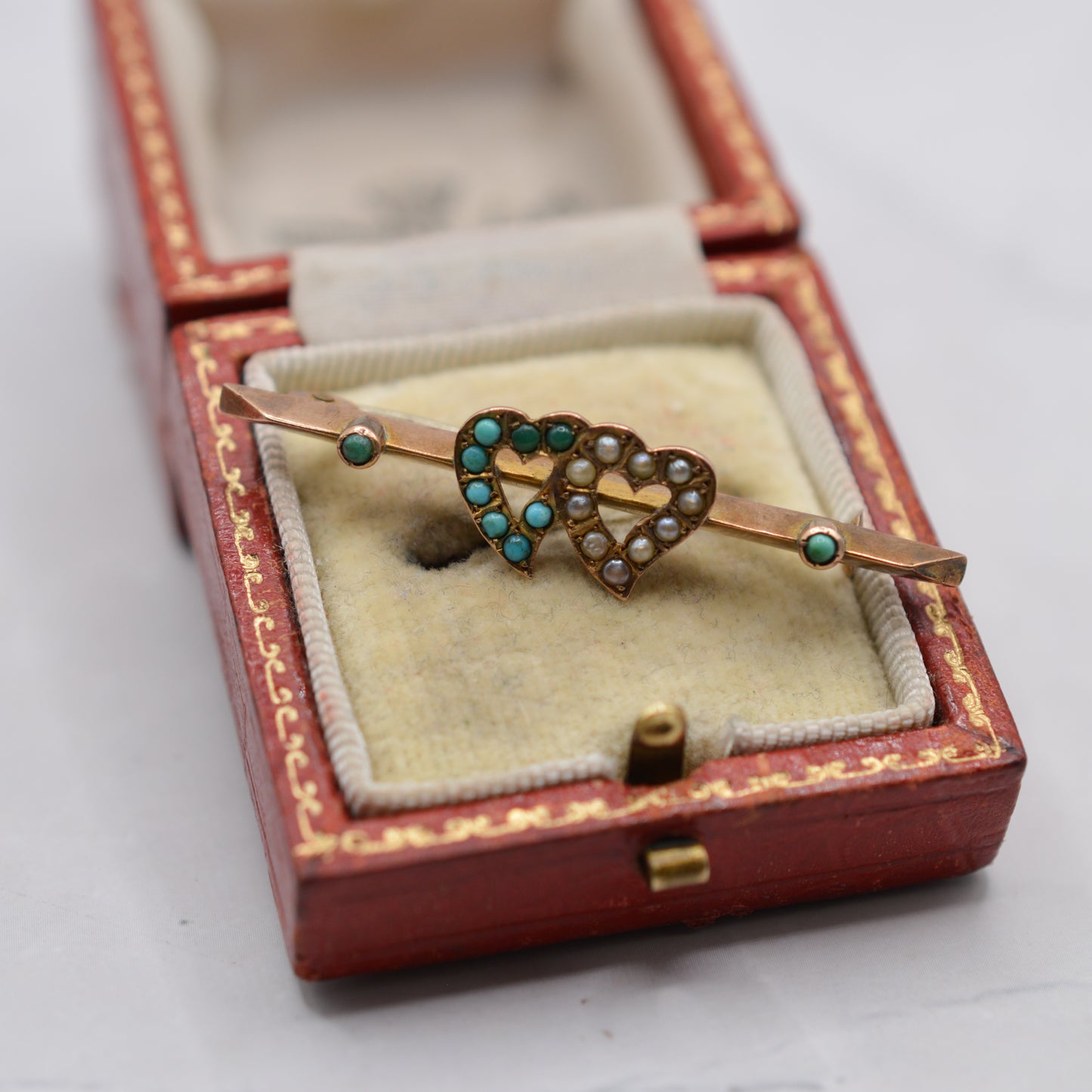 Antique 1897 Victorian 9ct Gold Heart Pearl & Turquoise Brooch