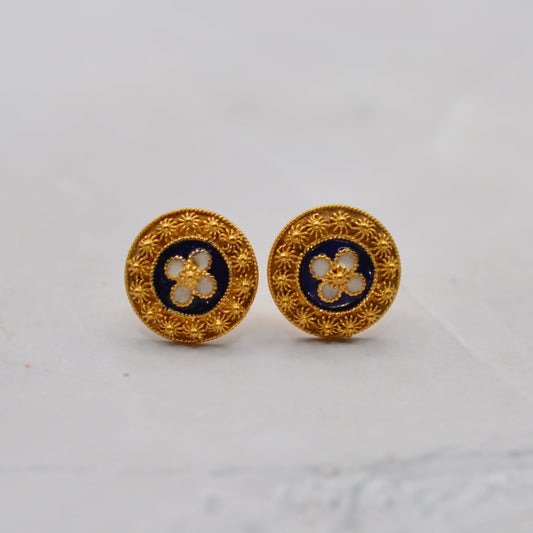 Vintage Portugese 19ct Gold  Enamel Floral Stud Earrings