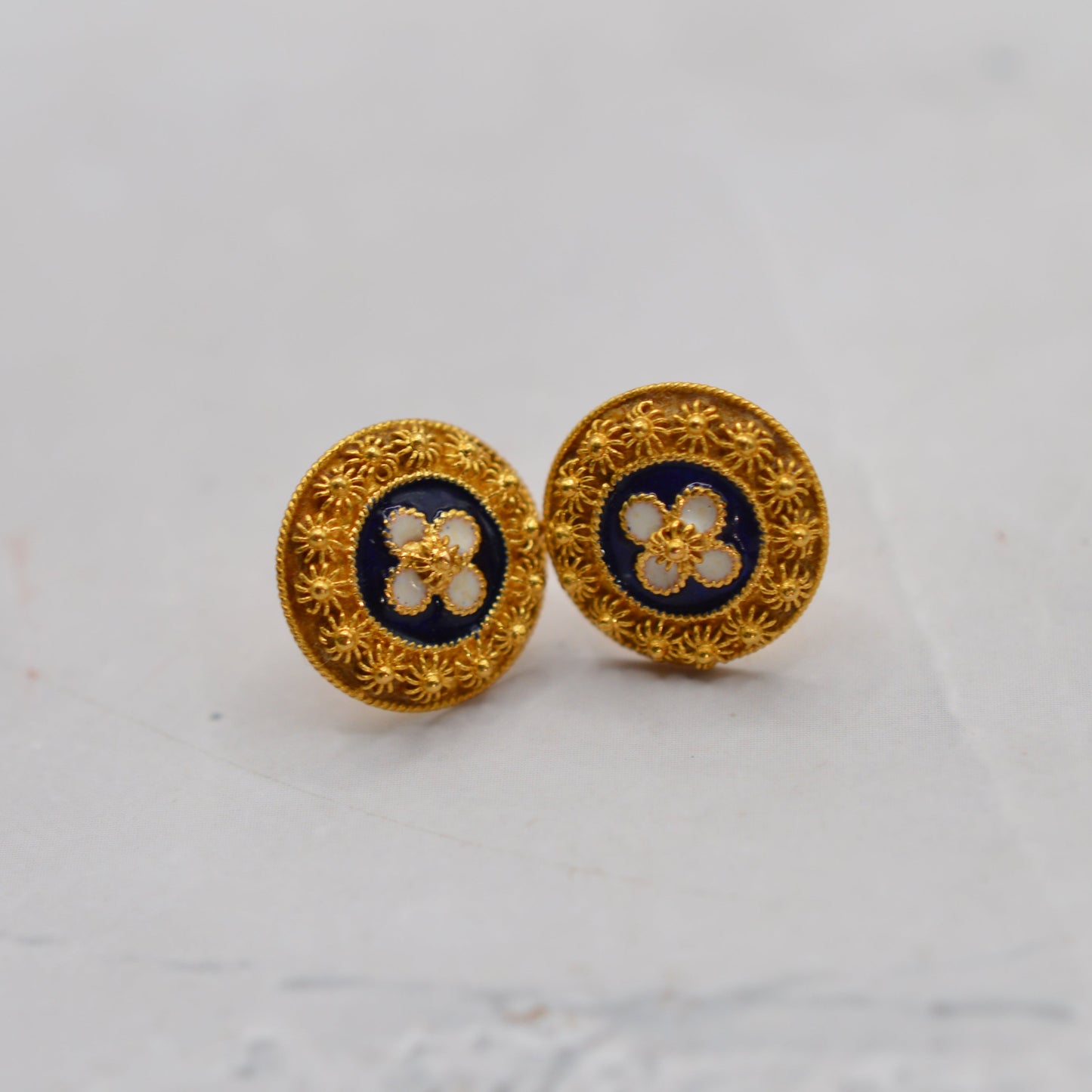 Vintage Portugese 19ct Gold  Enamel Floral Stud Earrings