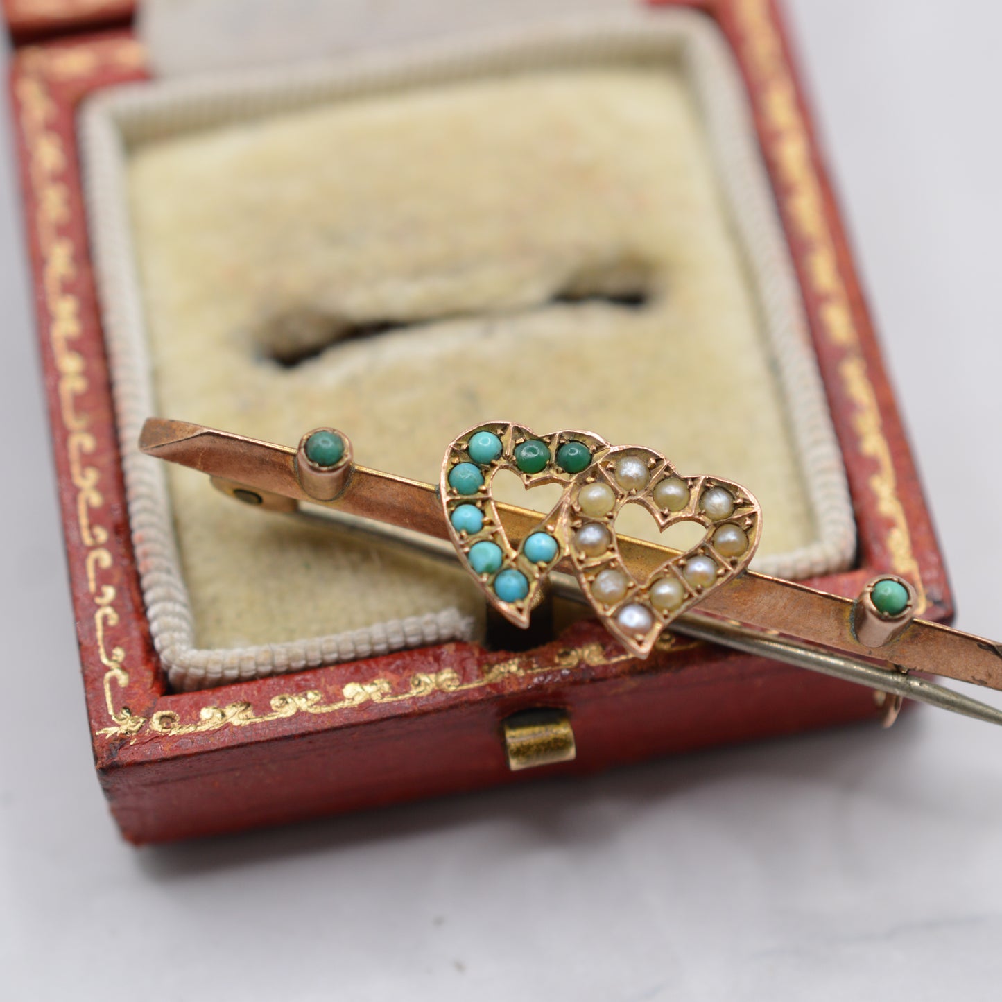 Antique 1897 Victorian 9ct Gold Heart Pearl & Turquoise Brooch