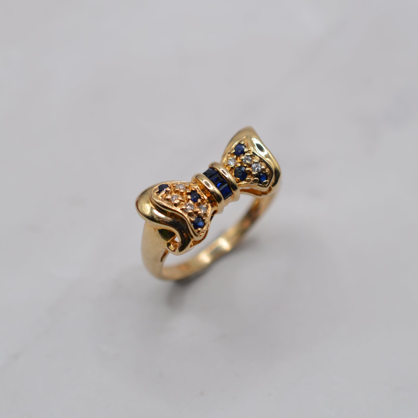 1990s Vintage 9ct Gold Sapphire & Diamond Bow Ring