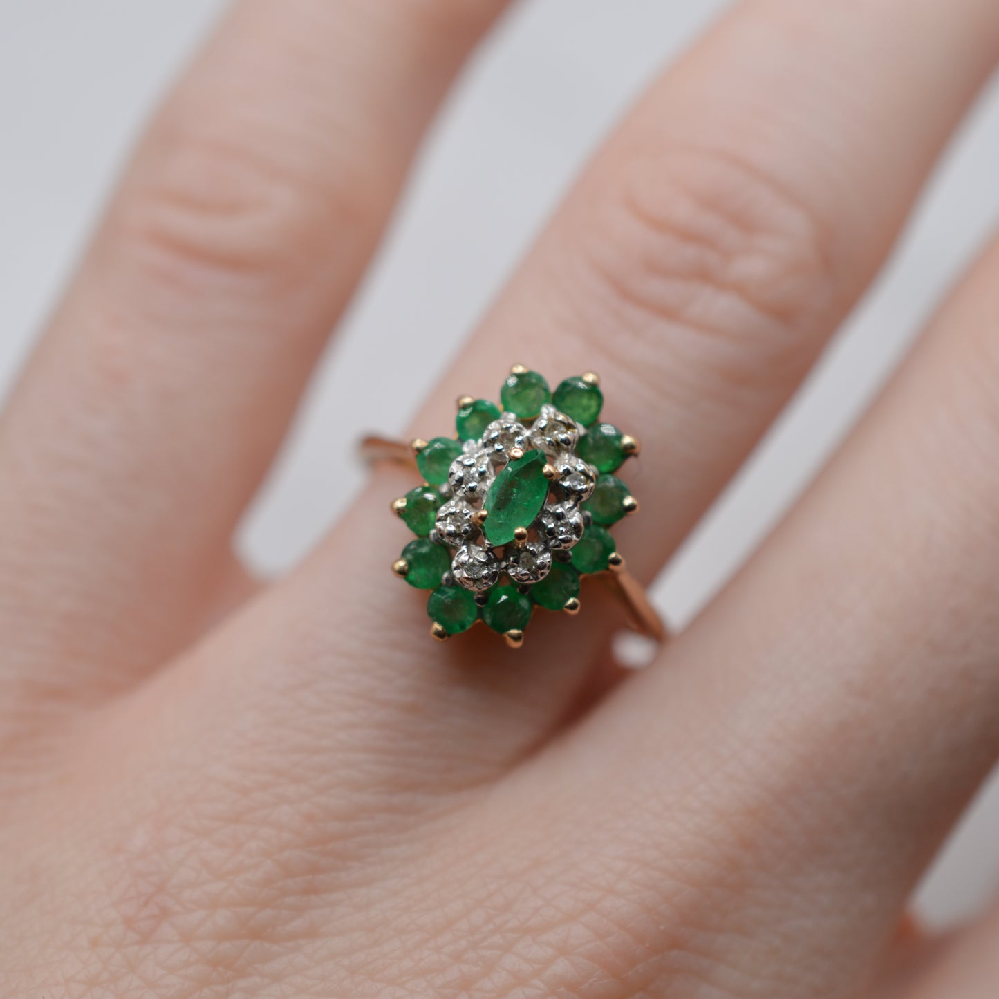 1980s 9ct Gold Emerald & Diamond Marquise Cluster Ring