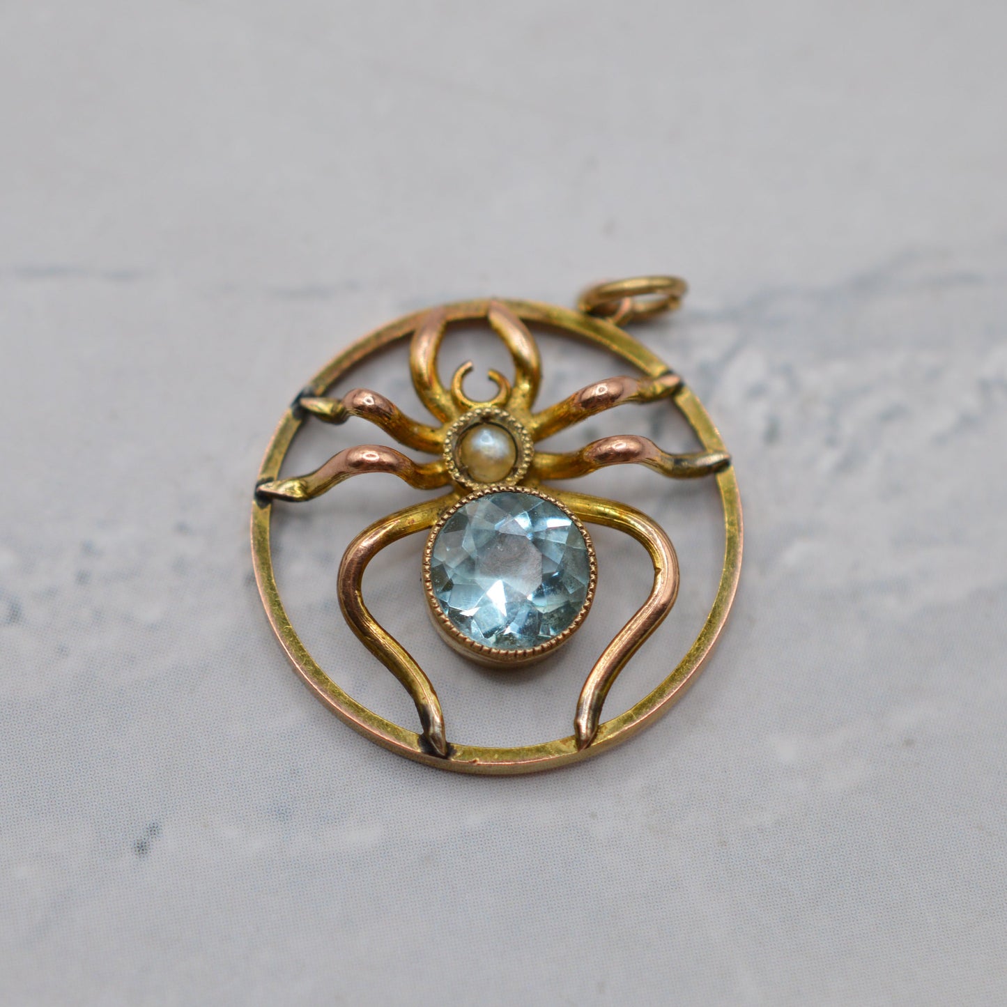 Antique Victorian 9ct Gold Aquamarine & Pearl Spider Pendant