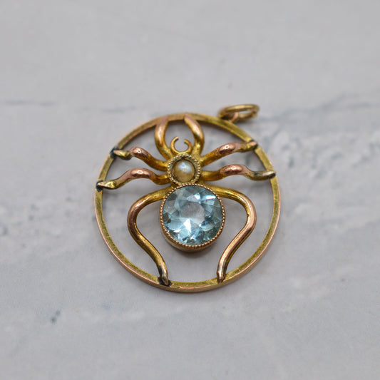 Antique Victorian 9ct Gold Aquamarine & Pearl Spider Pendant