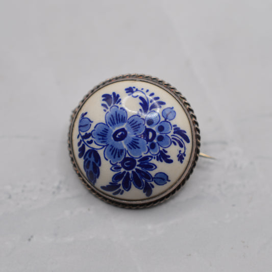 Vintage 835 Silver Blue & White Porcelain Floral Brooch