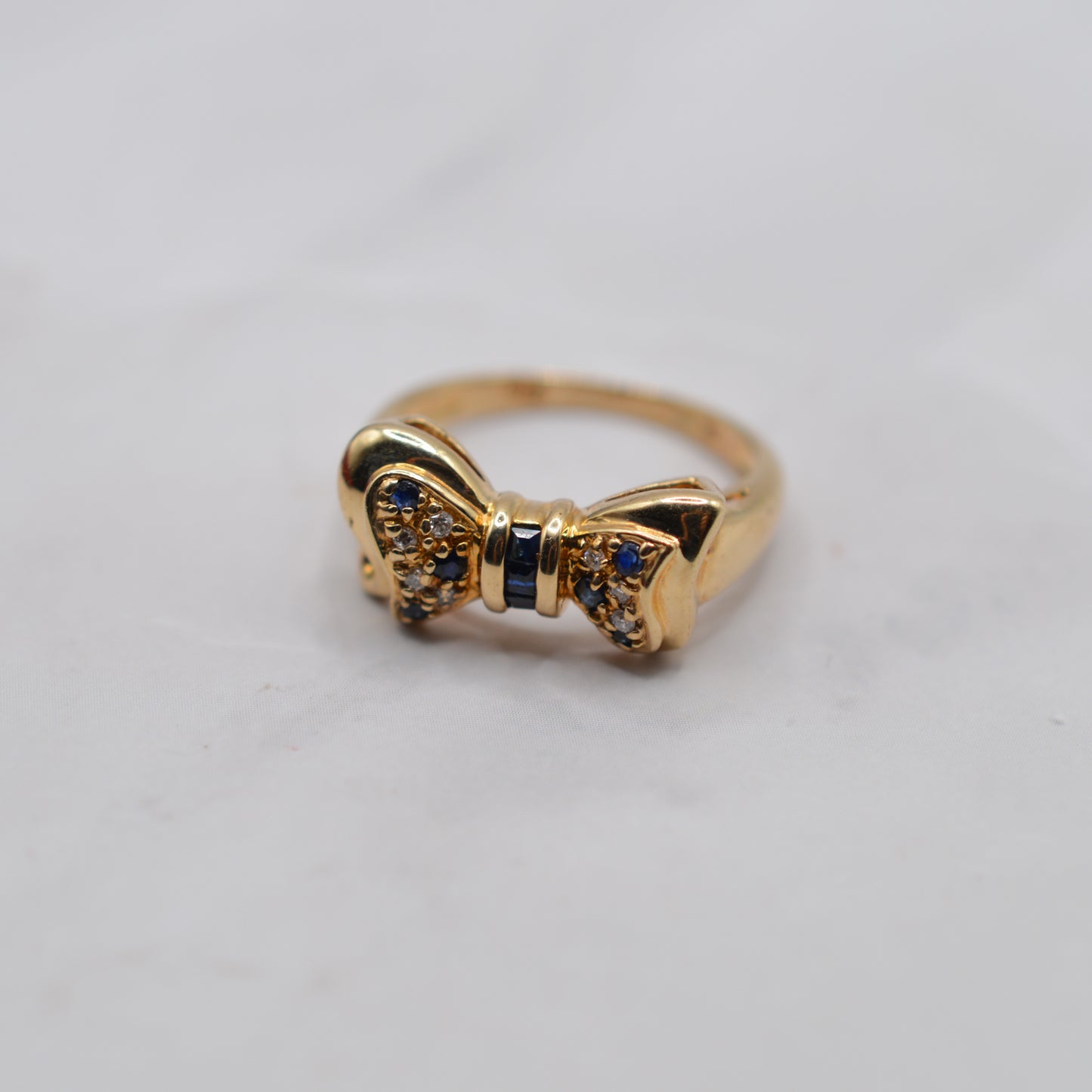 1990s Vintage 9ct Gold Sapphire & Diamond Bow Ring