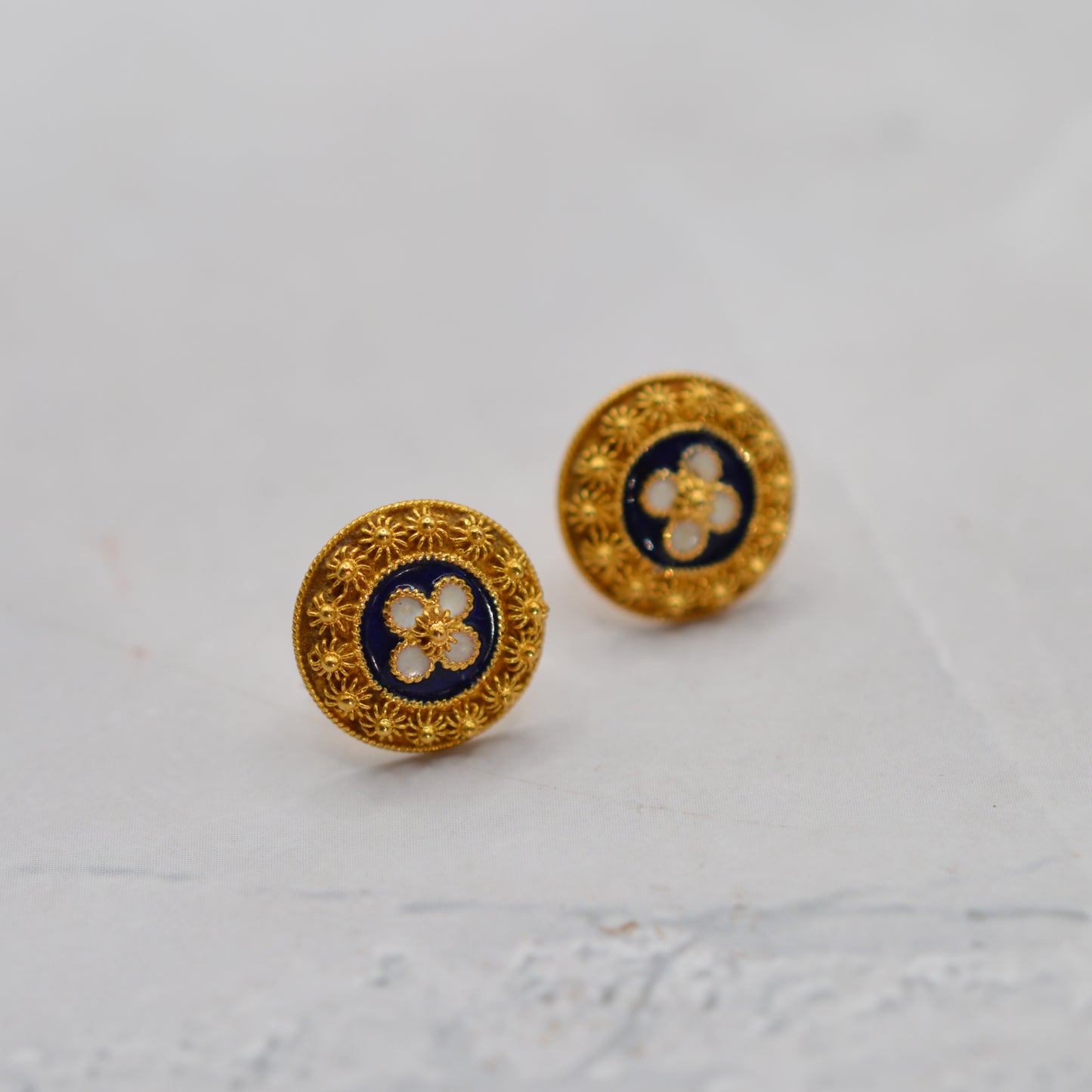 Vintage Portugese 19ct Gold  Enamel Floral Stud Earrings
