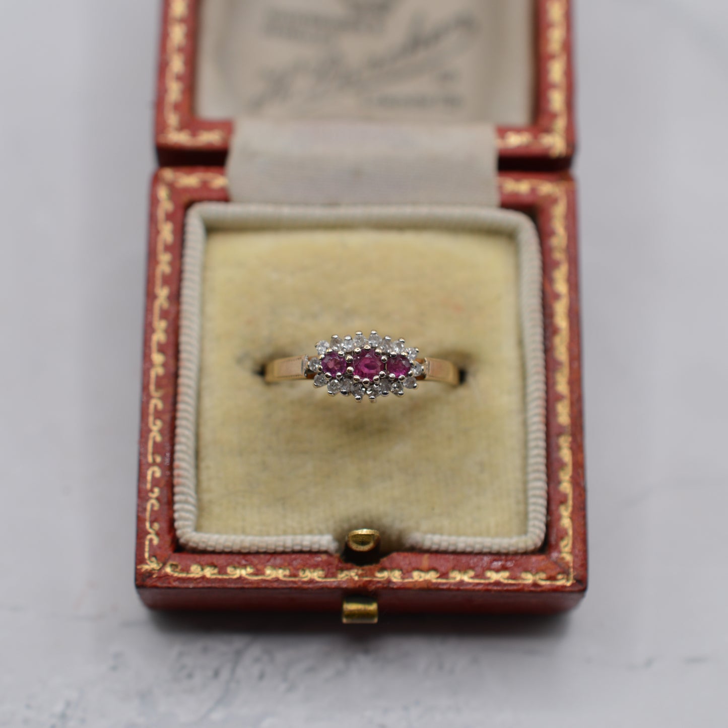 1990s 9ct Gold Ruby & Diamond Triple Halo Ring