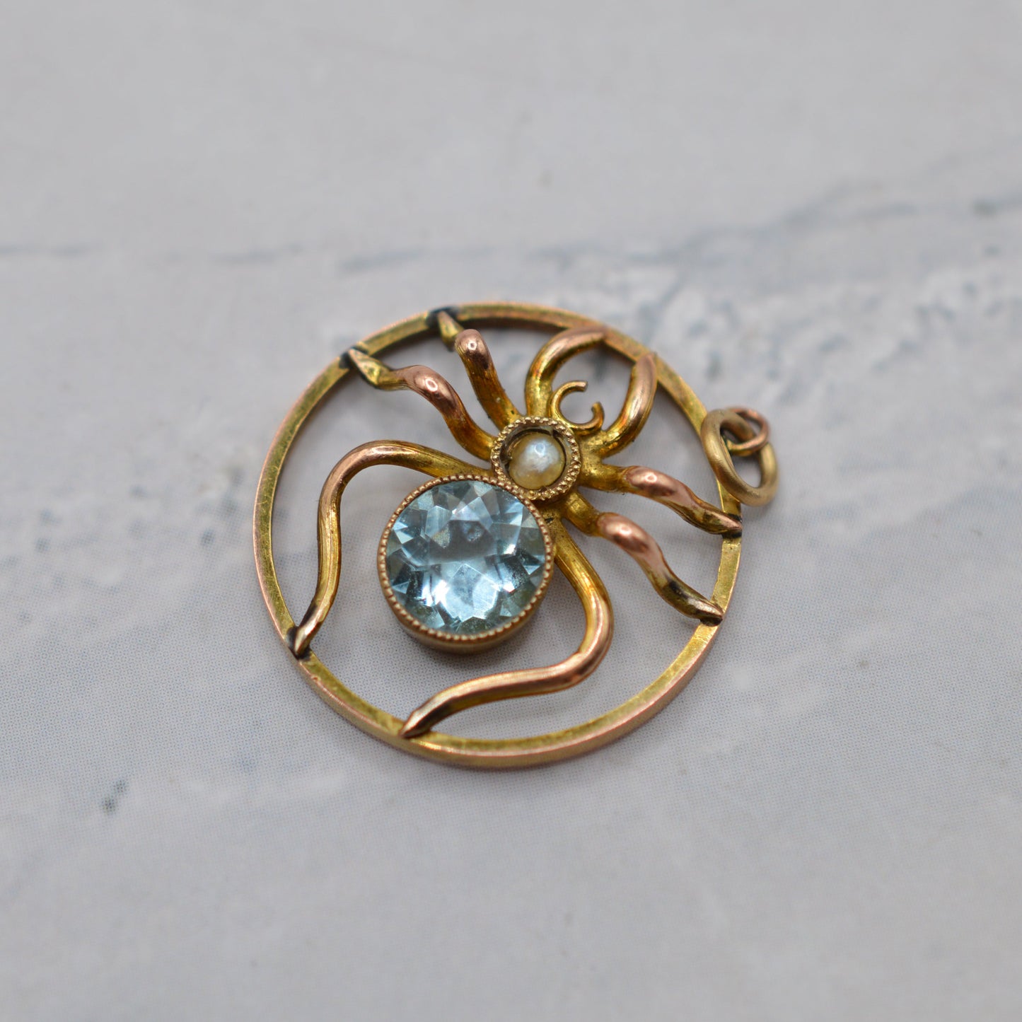 Antique Victorian 9ct Gold Aquamarine & Pearl Spider Pendant