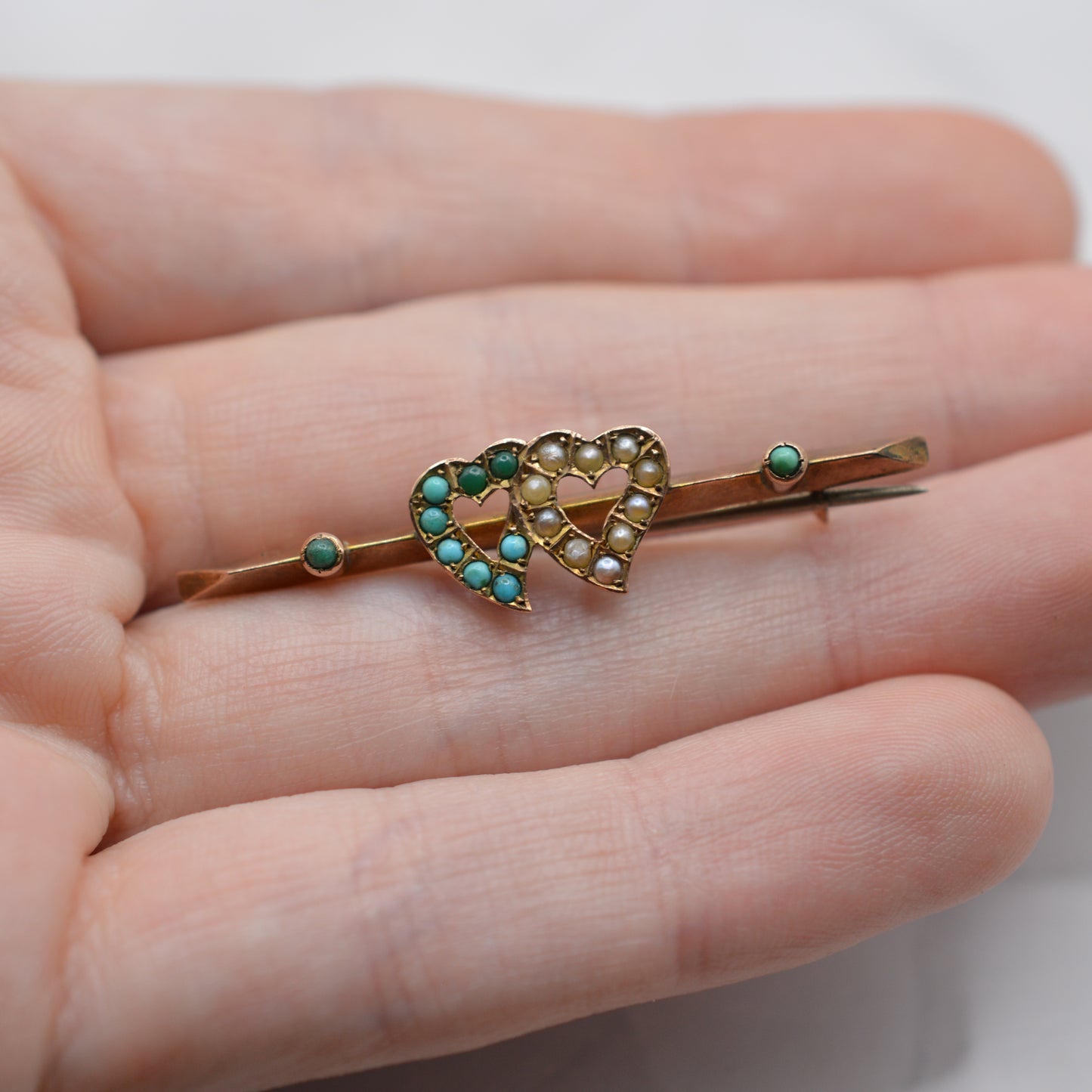 Antique 1897 Victorian 9ct Gold Heart Pearl & Turquoise Brooch