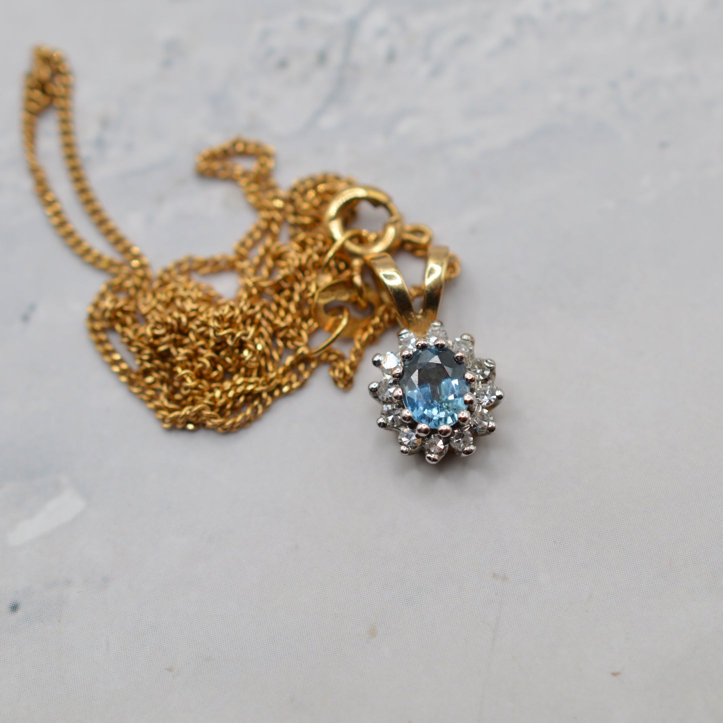 1990s 9ct Gold Sapphire & Diamond Cluster Pendant Necklace (16”)